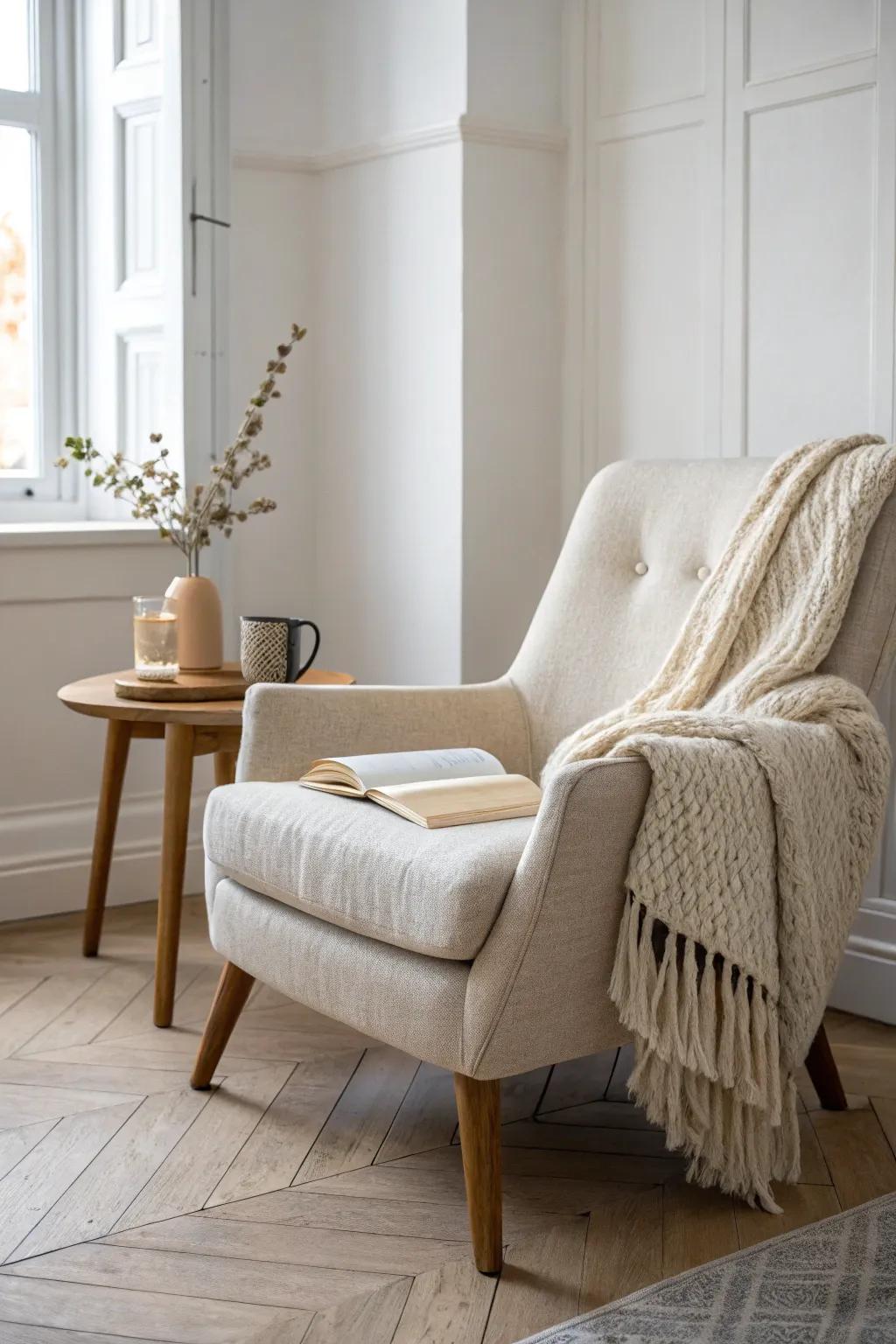 The classic corner nook: a comfy armchair, tiny side table, and a throw that begs for nightly reads.