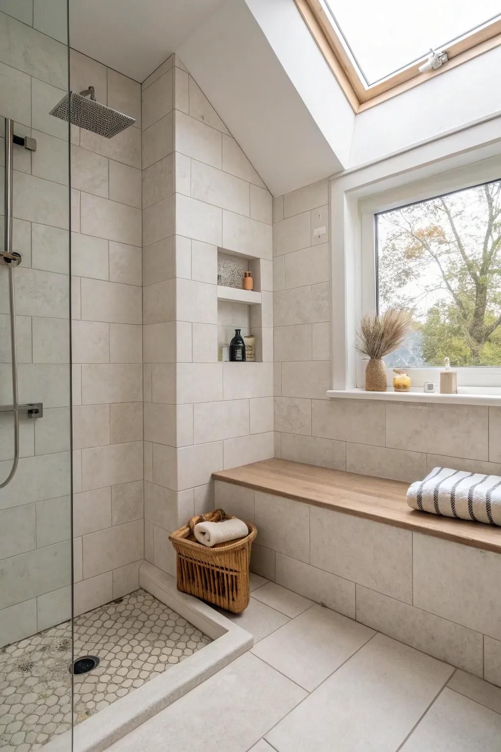 A seamless tile-matched corner shower bench that blends in beautifully and saves space.