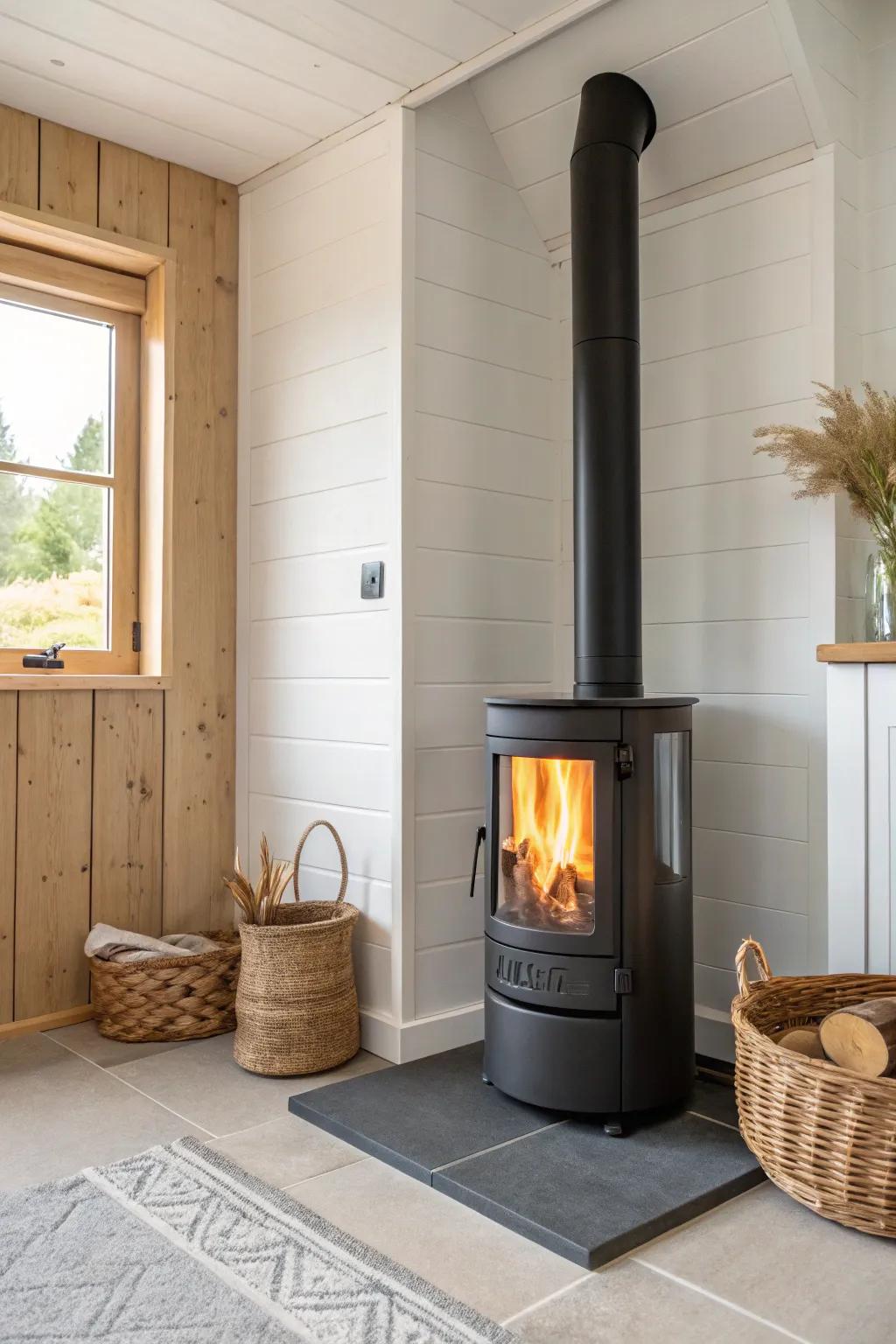 A 45° corner stove placement softens small-room angles and spreads the glow beautifully.