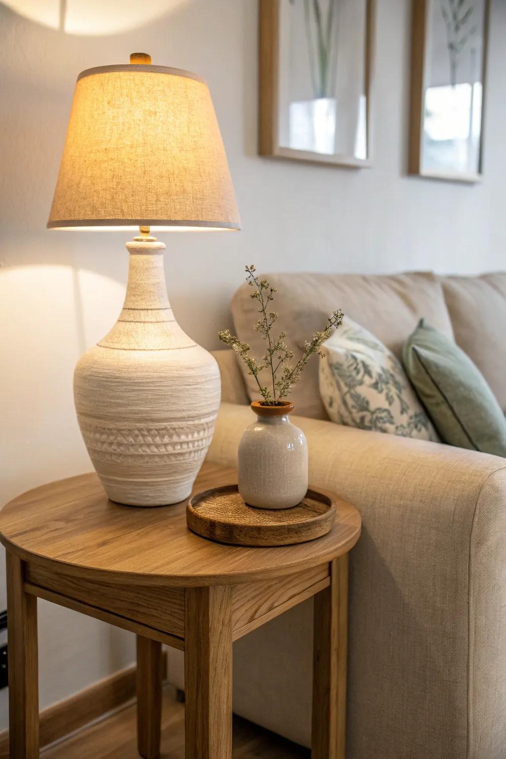 Lamp + tray + one handcrafted vase: the effortless corner-table trio that warms small spaces.