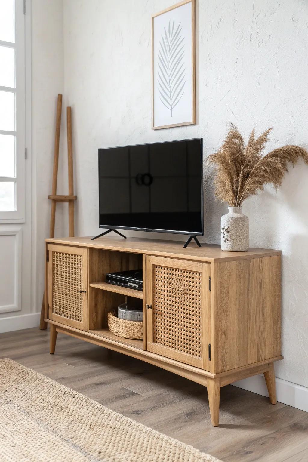 A classic corner TV stand with closed storage—clean, calm, and perfect for small-space flow.
