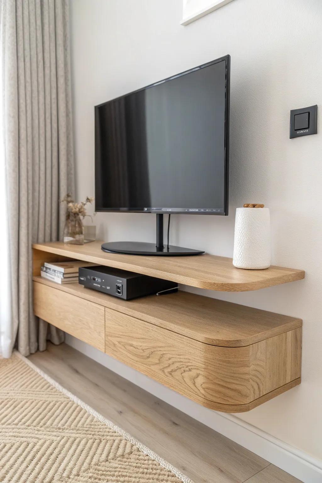 A slim floating corner shelf keeps the TV area airy—just enough space for one media box.