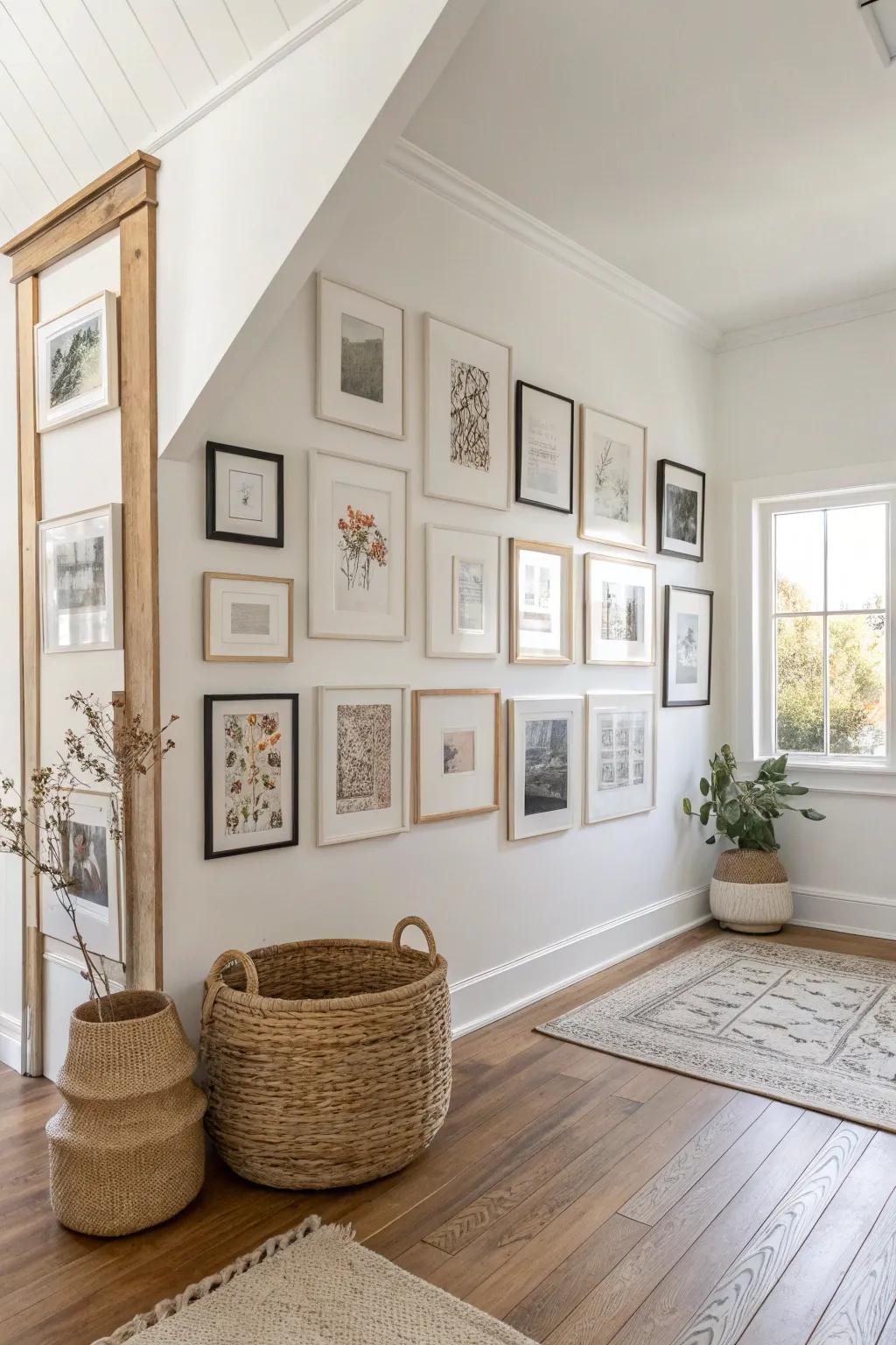 Wrap your art around the corner—neutral frames make awkward angles feel beautifully intentional.