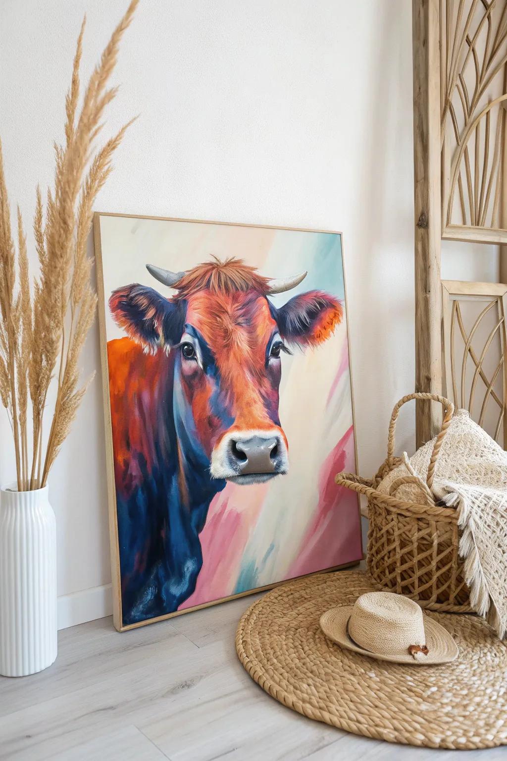 Bring playful energy to your space with a vibrant cow portrait that celebrates simplicity and natural beauty.