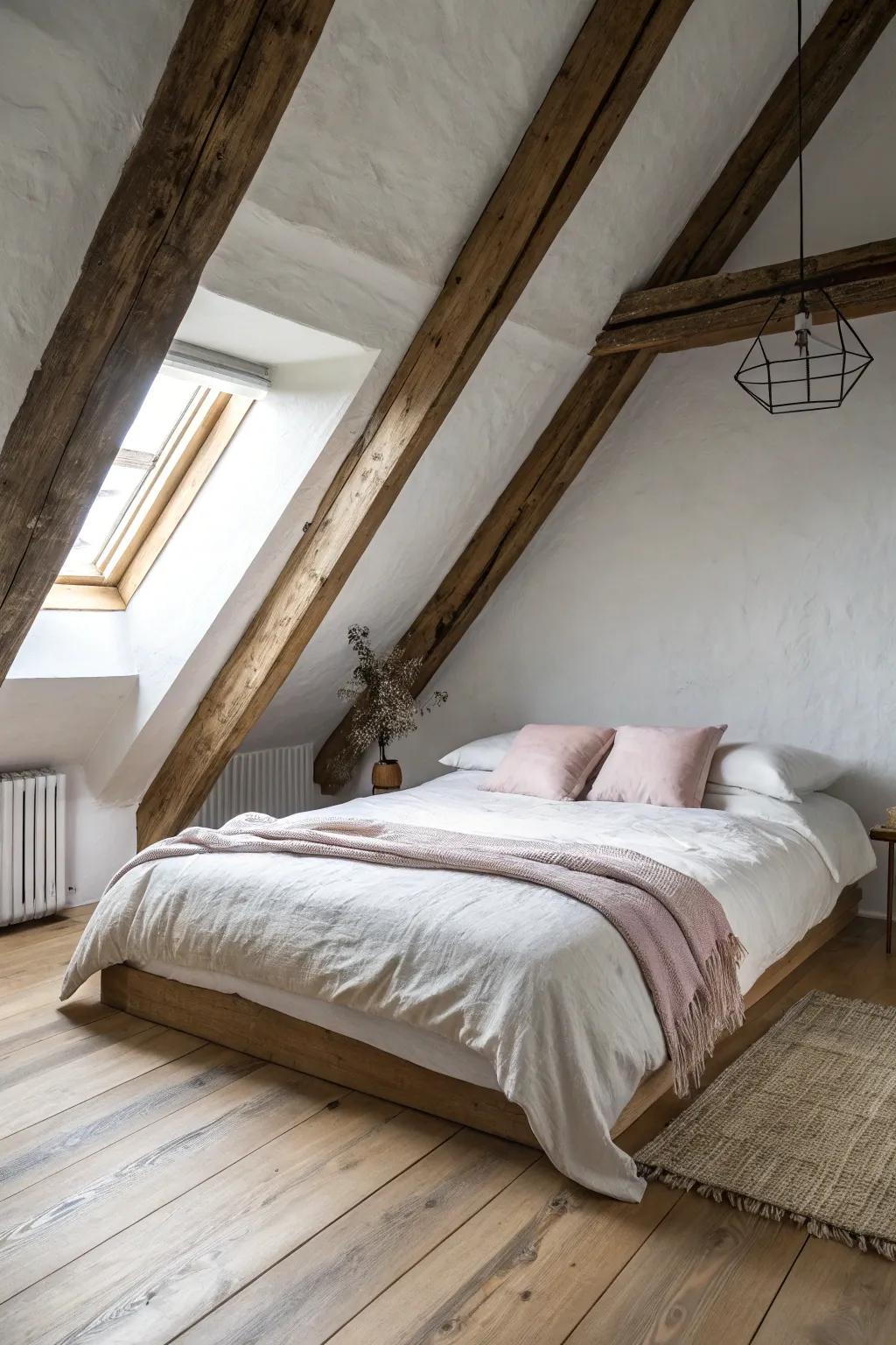 A low bed under the eaves turns tricky attic angles into the coziest sleep nook.