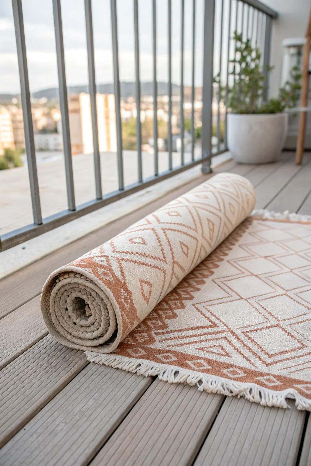 A weather-friendly outdoor rug instantly makes a small balcony feel like a cozy room.