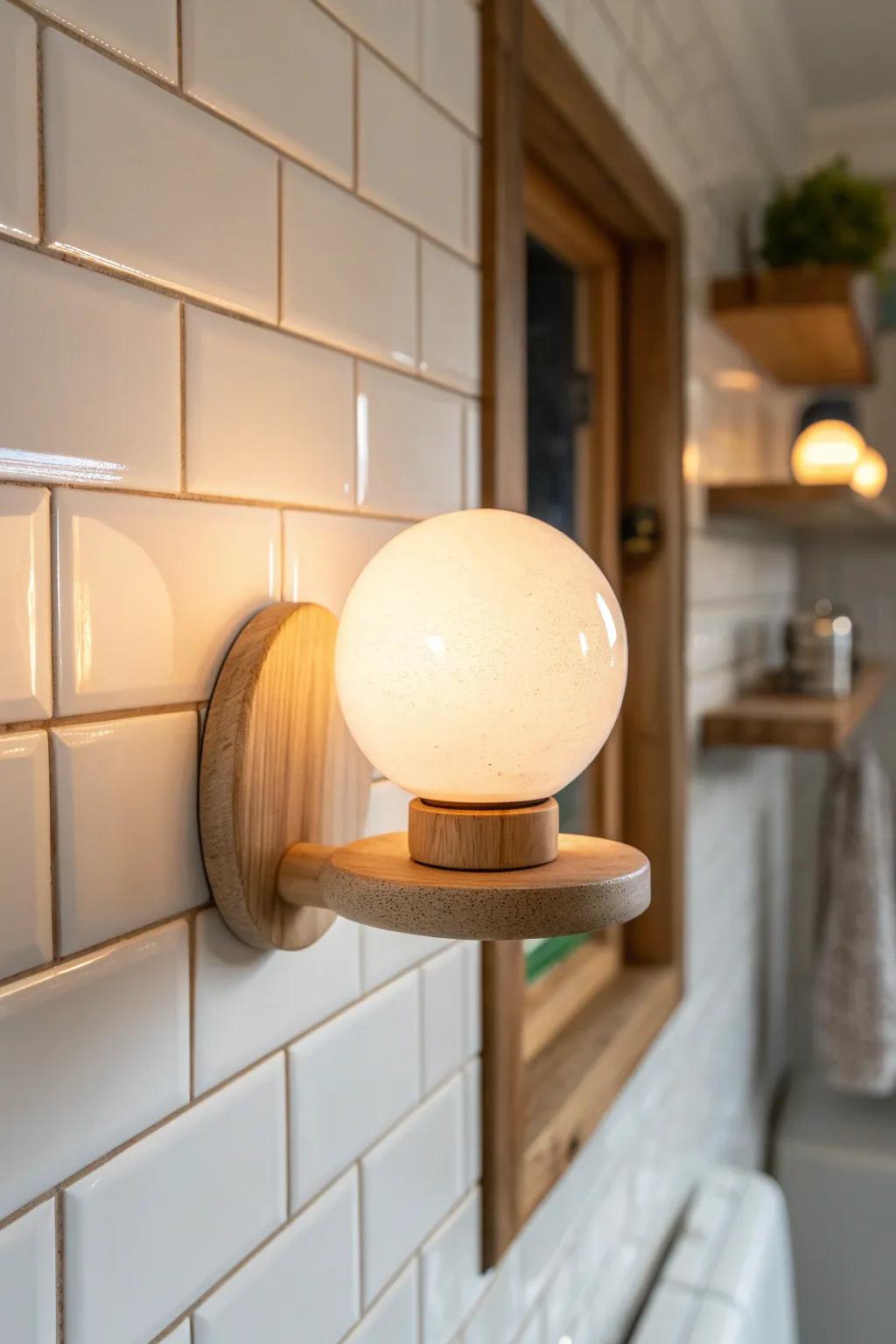 Warm-glow sconce lighting adds a soft second layer, turning a tiny bathroom into a spa.