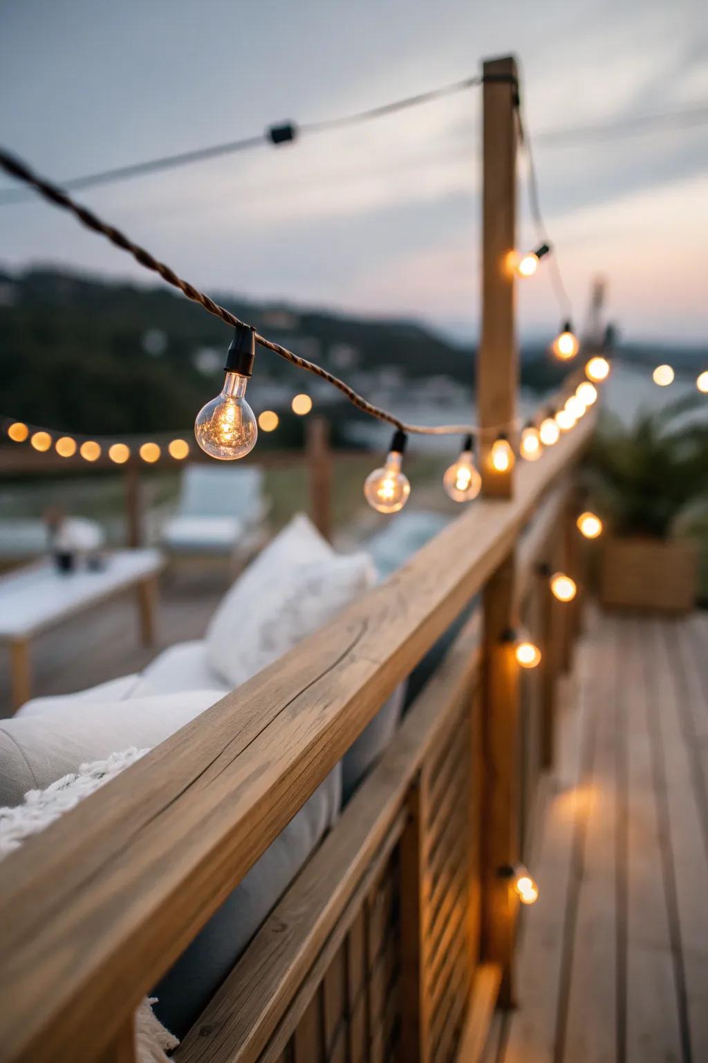 Soft golden string lights transform a tiny deck into the coziest evening nook—instantly.