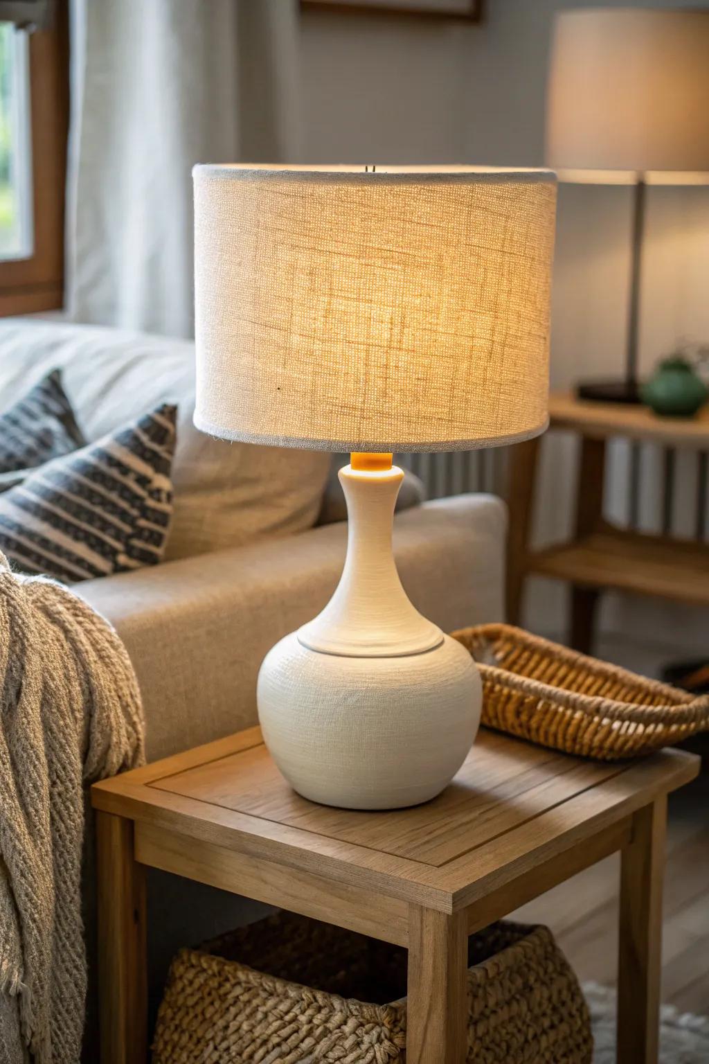 Layer warm lighting—this soft-glow lamp is the fastest cozy switch for any small den.