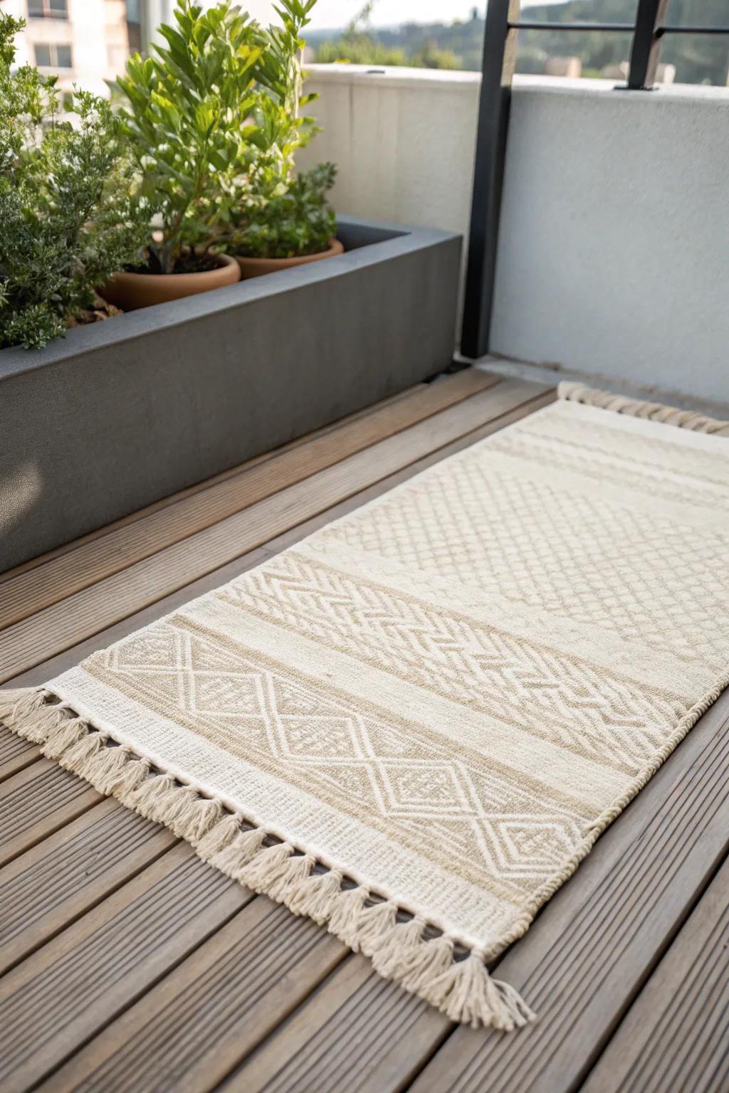 A handwoven outdoor rug instantly softens a small balcony—cozy underfoot in seconds.