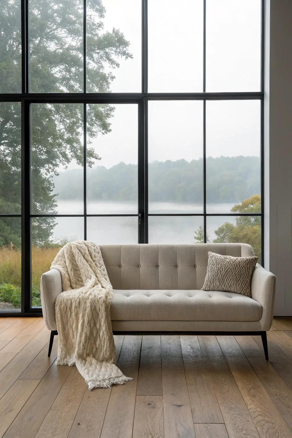 A slim linen sofa tucked to big windows lets the lake become your wall art—cozy and spacious.