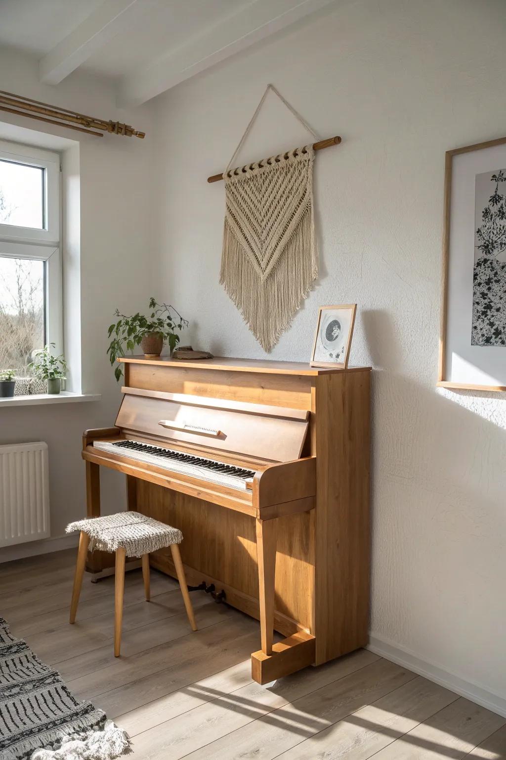An upright piano tucked to one clean wall makes a tiny room feel intentional and calm.