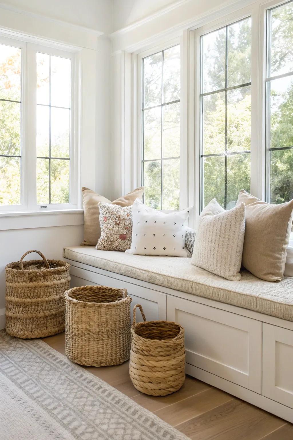 A built-in window seat nook with baskets underneath—cozy comfort plus hidden storage.