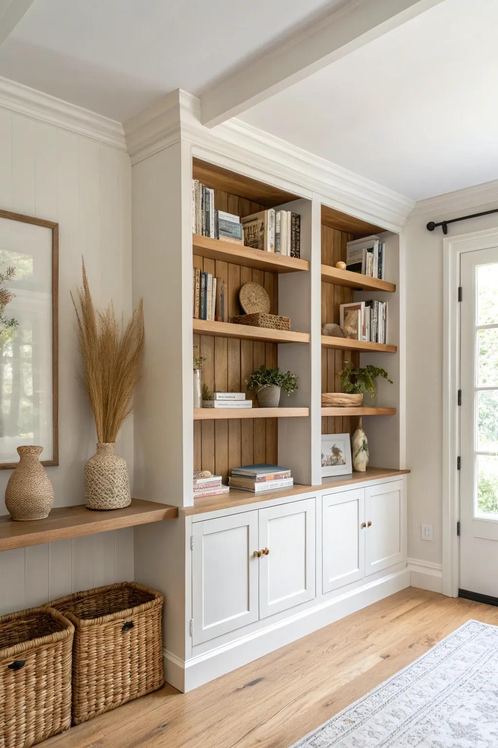Floor-to-ceiling shelves + simple trim = instant built-in charm (even in rentals).