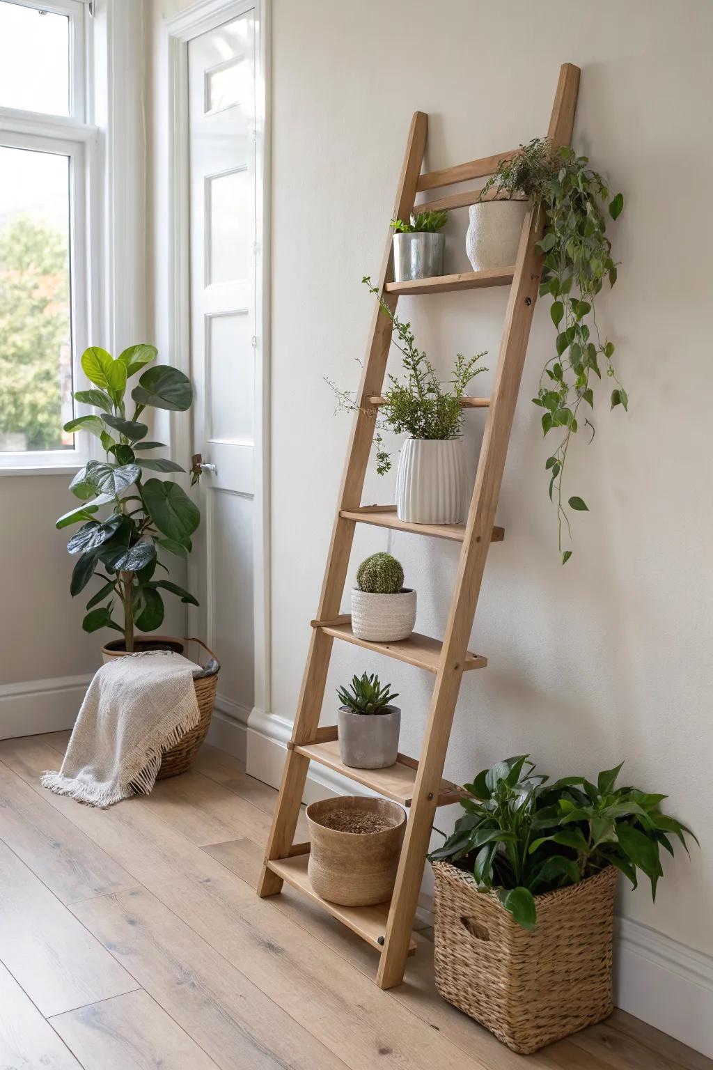 A space-saving leaning ladder plant stand for layered greenery from floor to eye level.