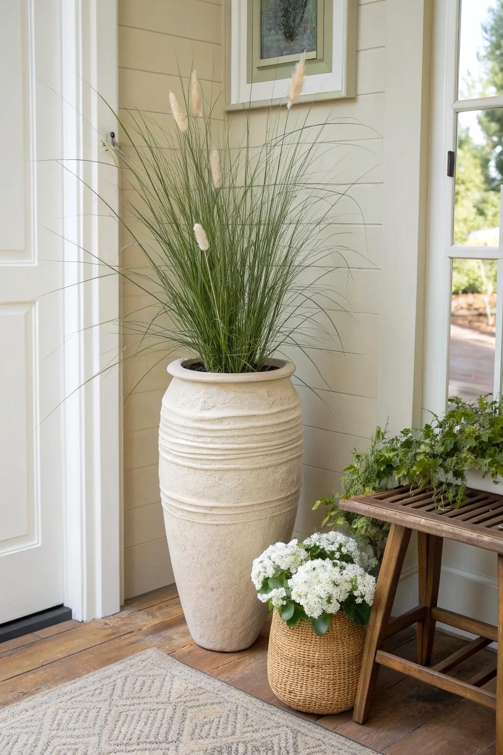 A classic thriller‑filler‑spiller pot—Creeping Jenny’s chartreuse spill brightens any entry.