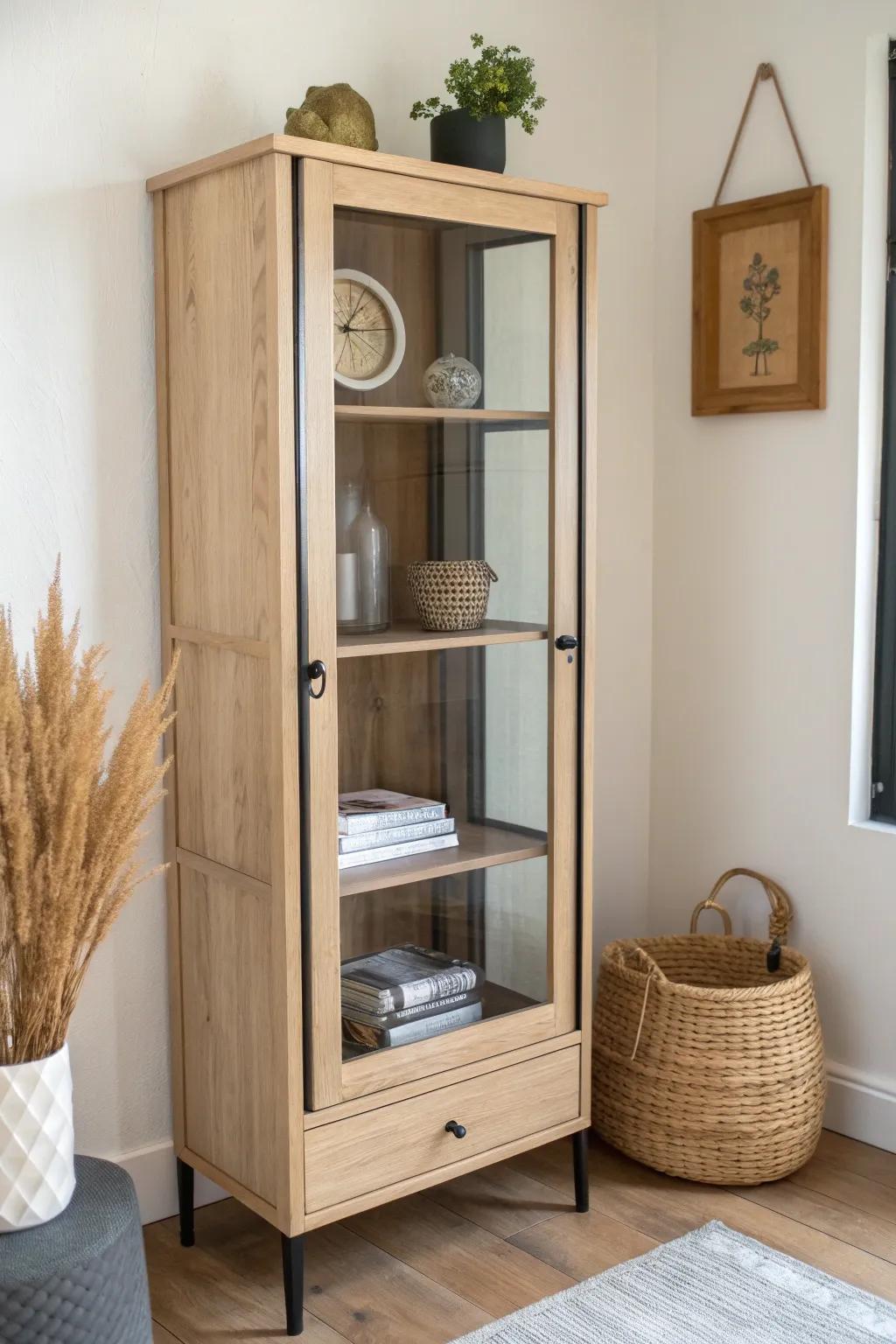 A glass-front cabinet turns small-space finds into intentional, dust-free “chapters.”