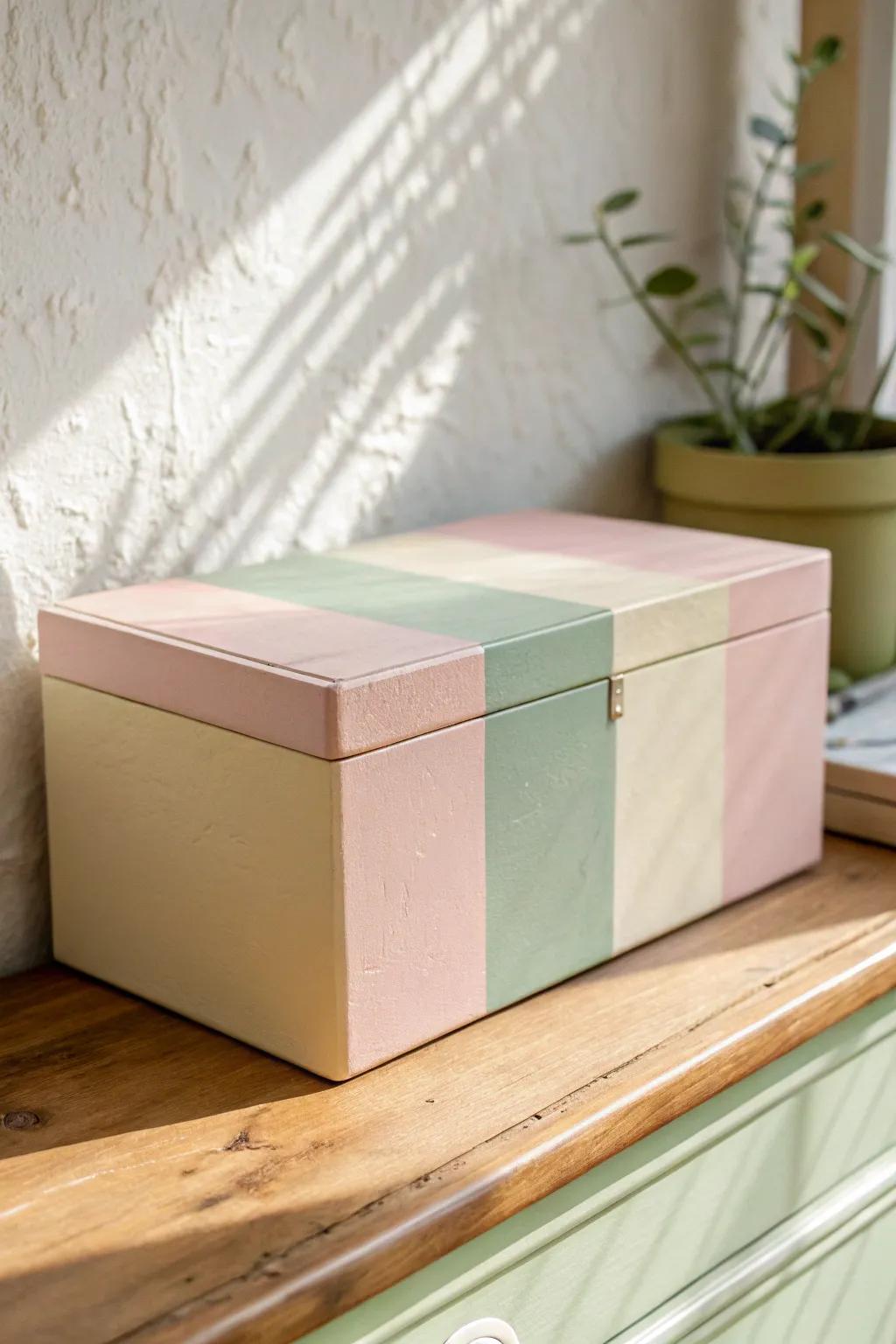 Pastel color-block paint turns a plain box into cute, styled storage for small-space shelves.