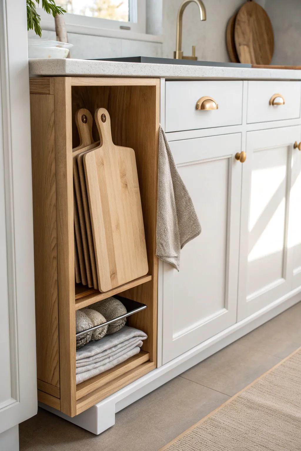Vertical dividers turn cutting board stacks into an easy, grab-and-go cabinet file system.