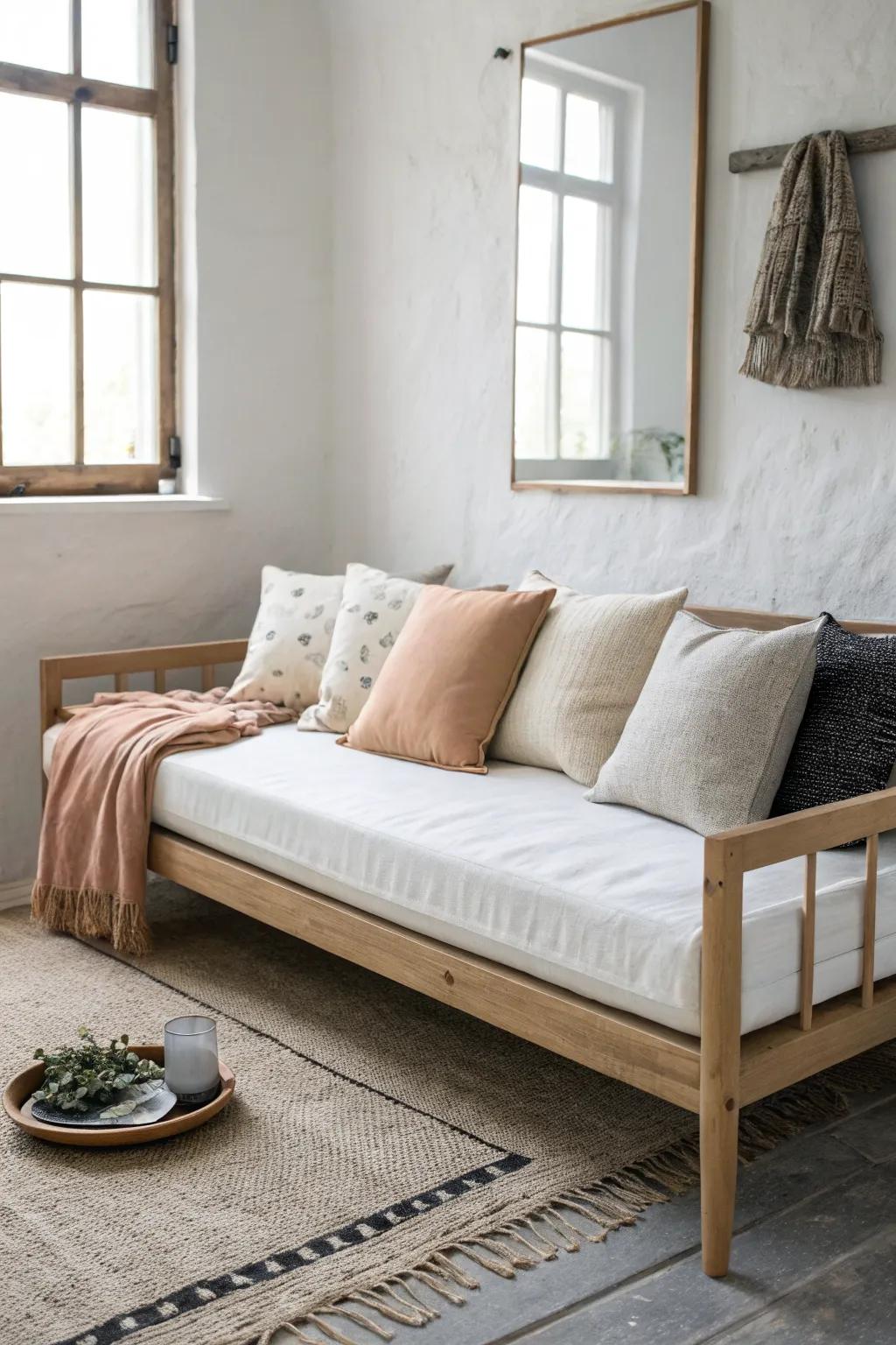 Daybed as main sofa: slim profile, neat pillow lineup, and a throw ready for movie nights.