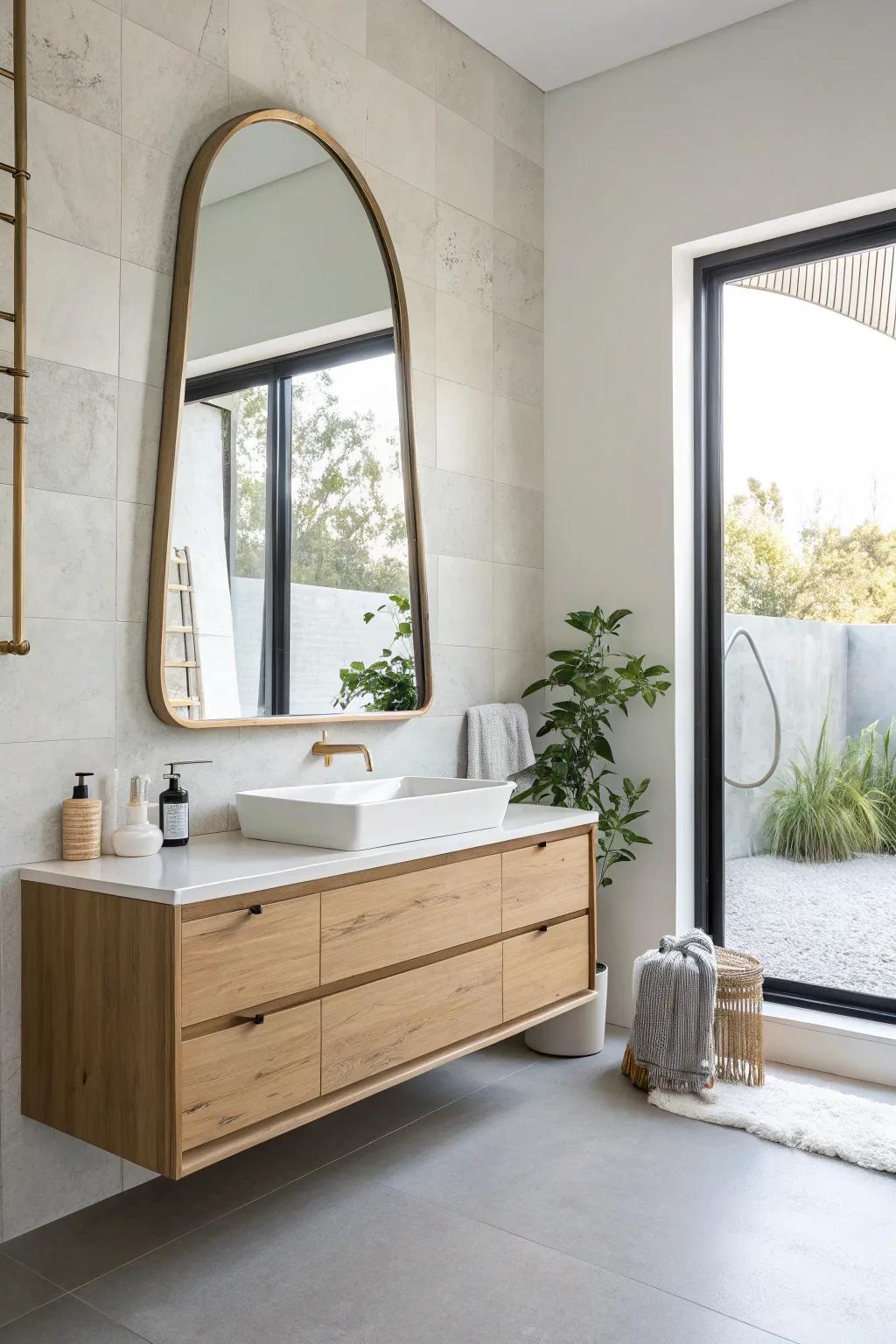 An oversized arched mirror instantly doubles the light and makes a tiny bathroom feel open.