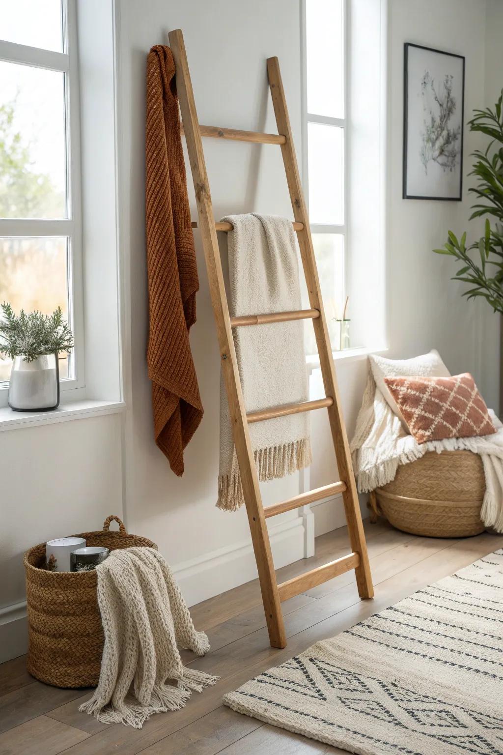Classic blanket ladder styling: two cozy throws, one empty rung for a calm, airy look.