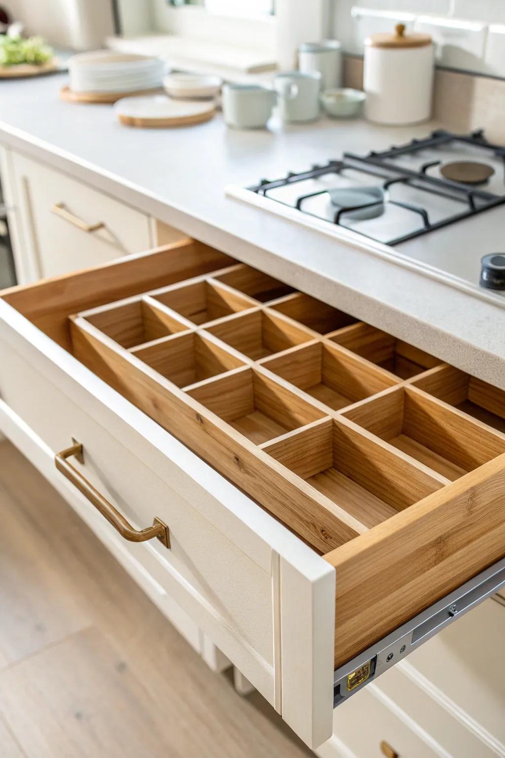 Adjustable dividers turn deep drawers into tidy zones—no more digging for cookware.