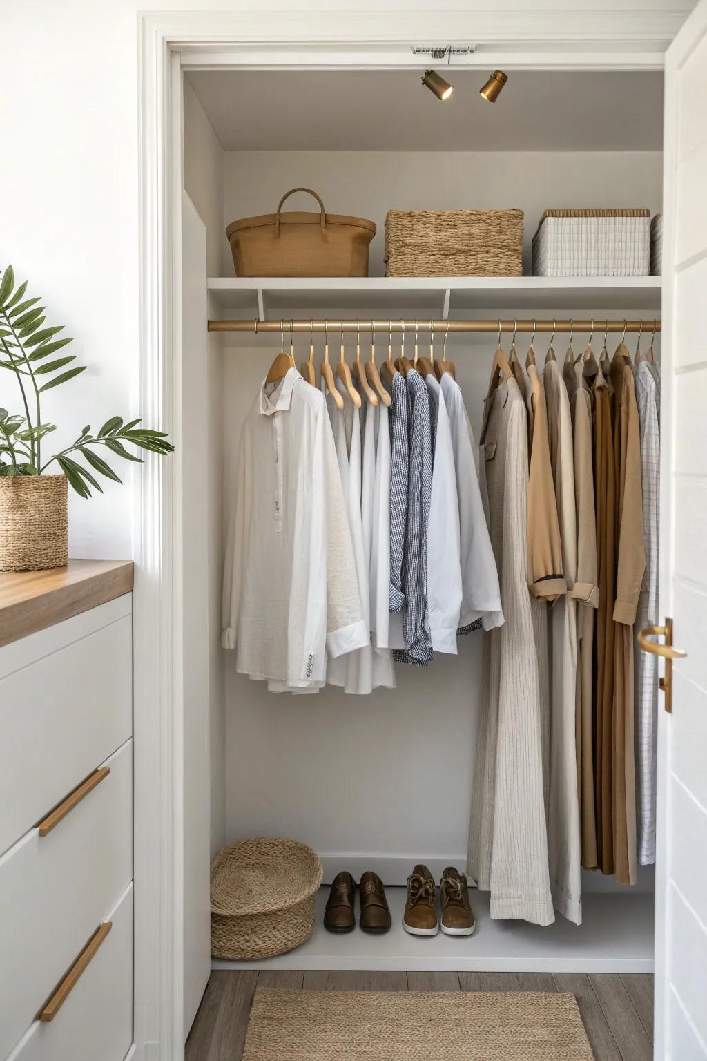 Double-hang the front half to double daily hanging space—without crowding the walkway.