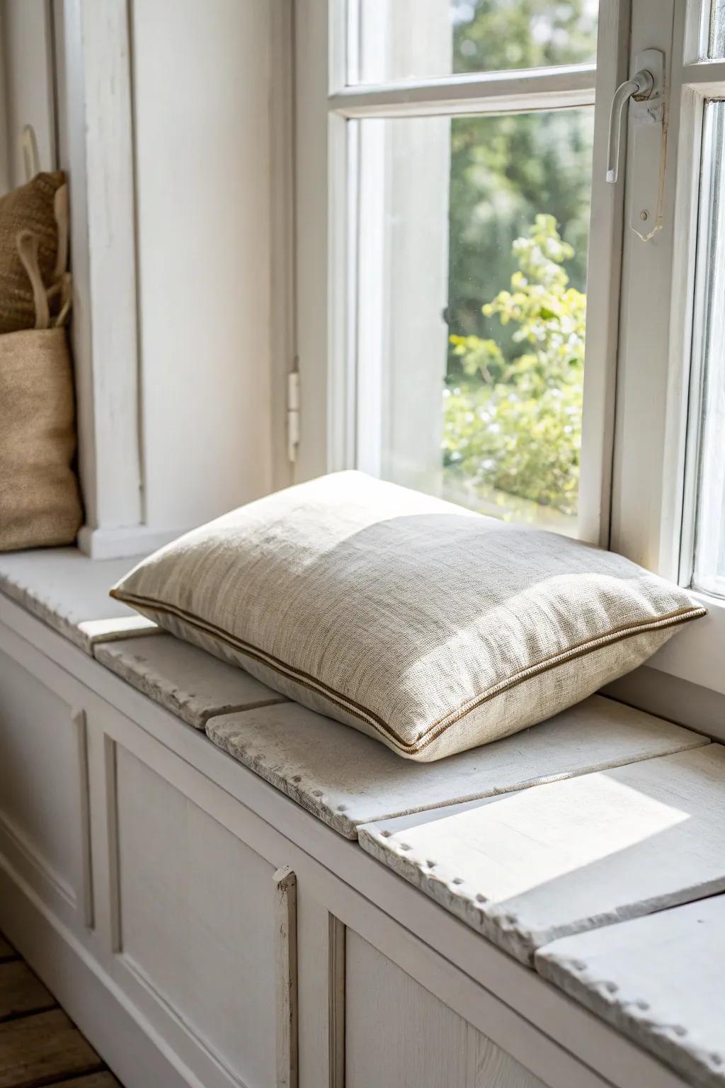 Turn a deep window sill into a cozy window seat with a tailored linen cushion and warm light.