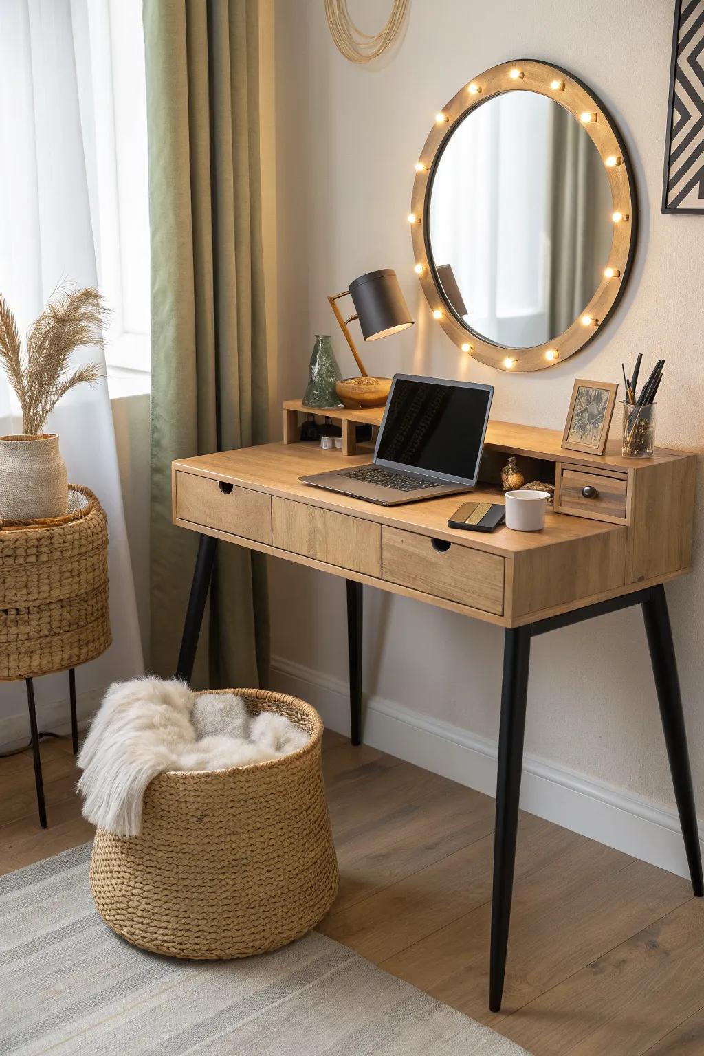 A classic writing desk + lighted mirror creates a chic, clutter-free vanity for small spaces.