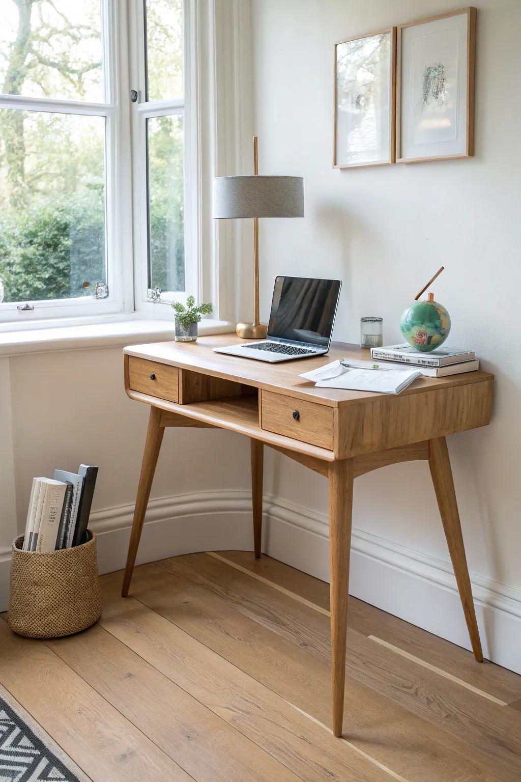 A compact corner desk turns a forgotten nook into an airy, intentional work spot.