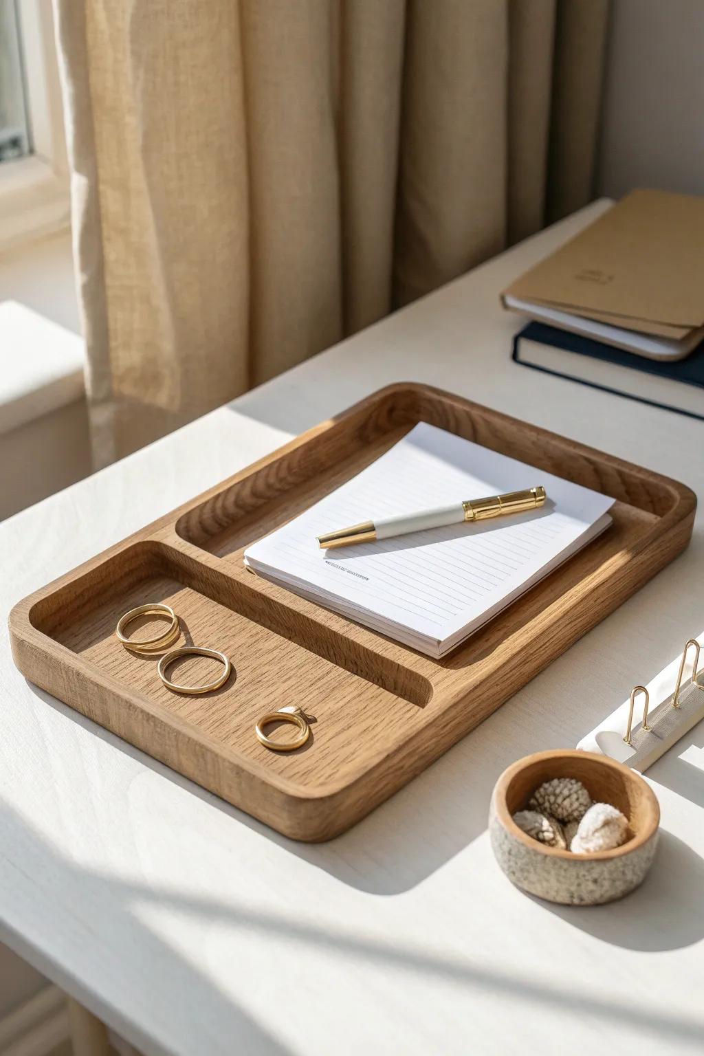 Zone your daily essentials with a simple oak tray for an instantly calmer, curated desk.