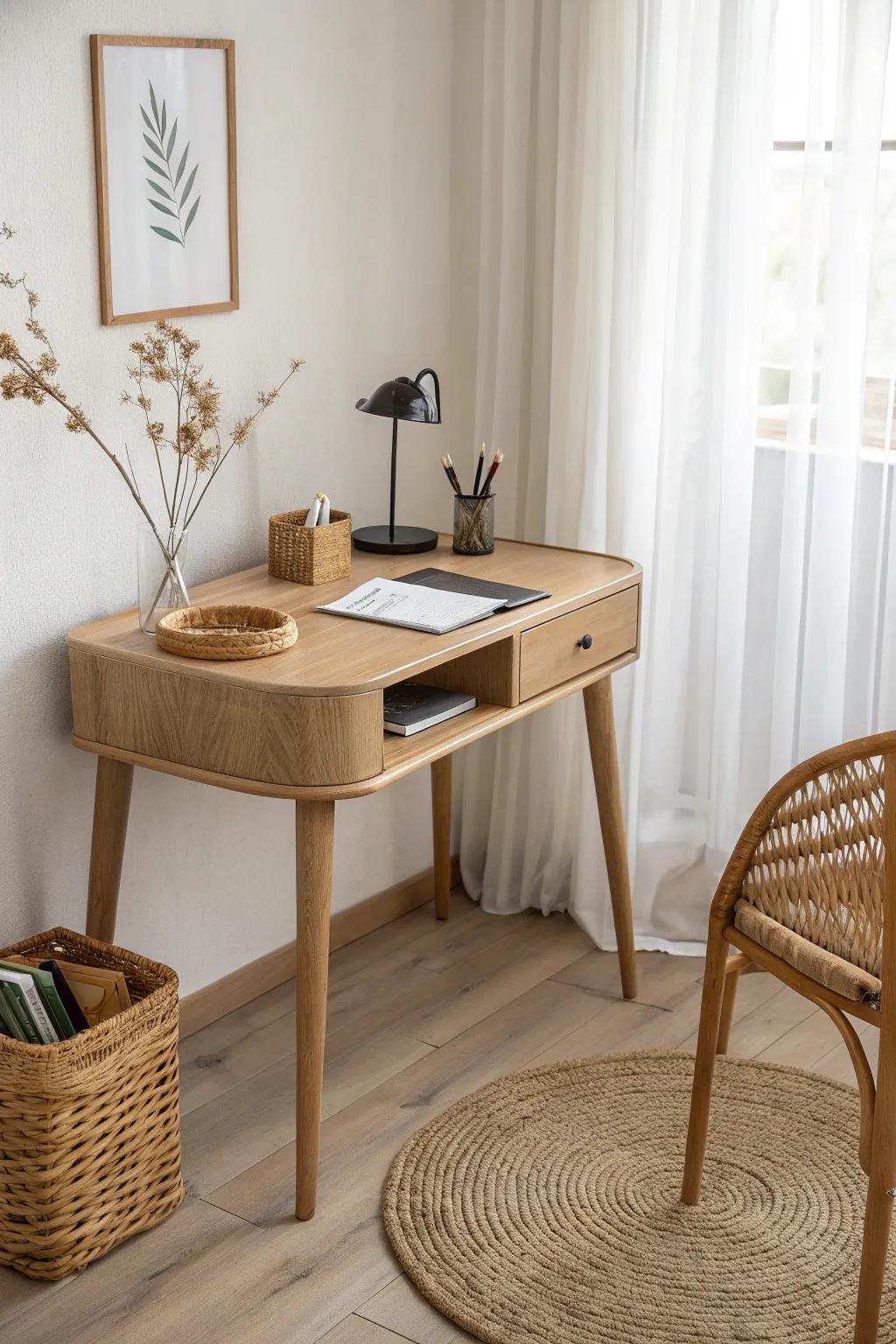 A compact corner desk that turns an unused spot into a calm, intentional living-room nook.
