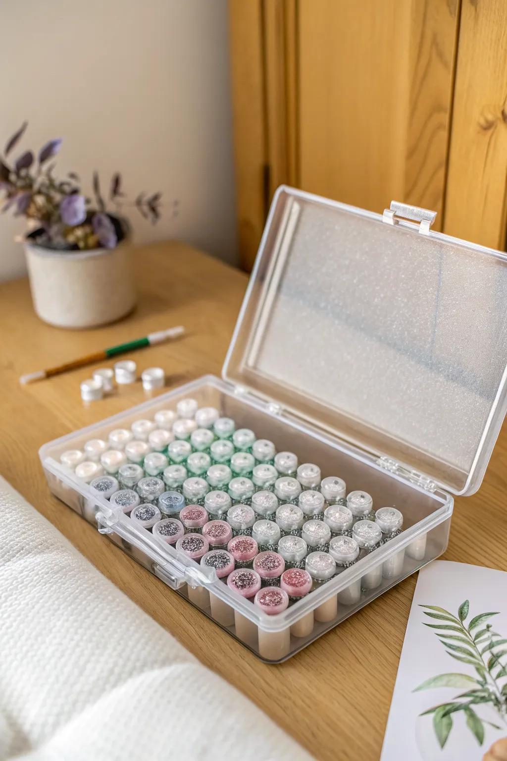 Clear vial case with foam slots keeps drills upright and slides neatly into slim drawers.