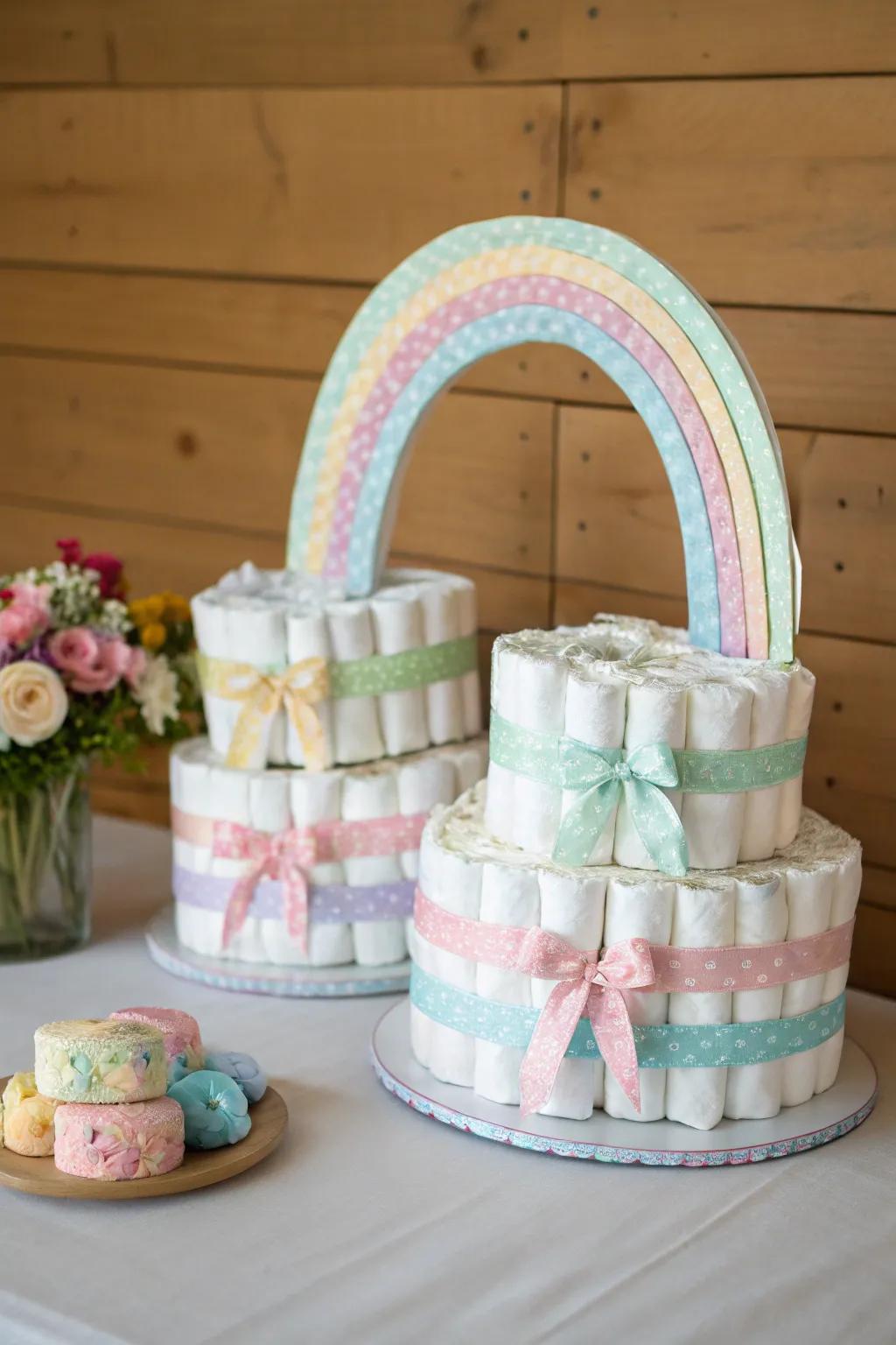 Celebrate double the joy with a minimalist and boho-inspired twin diaper cake!