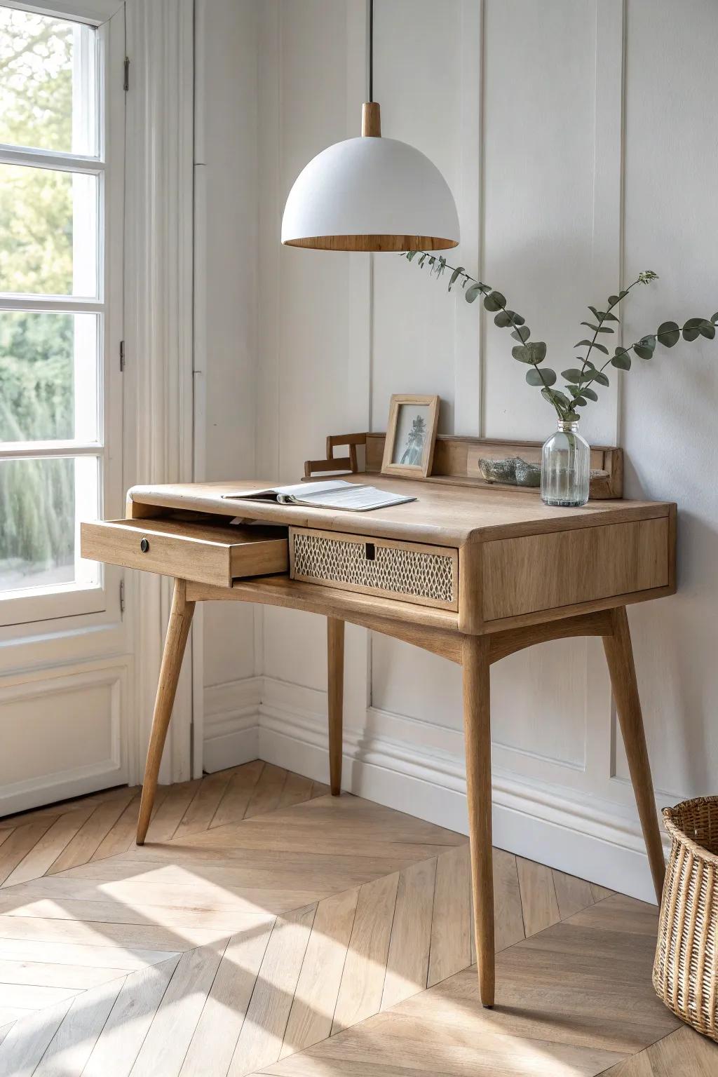 A dining-room desk moment: light oak, soft linen, and hidden storage for calm focus.