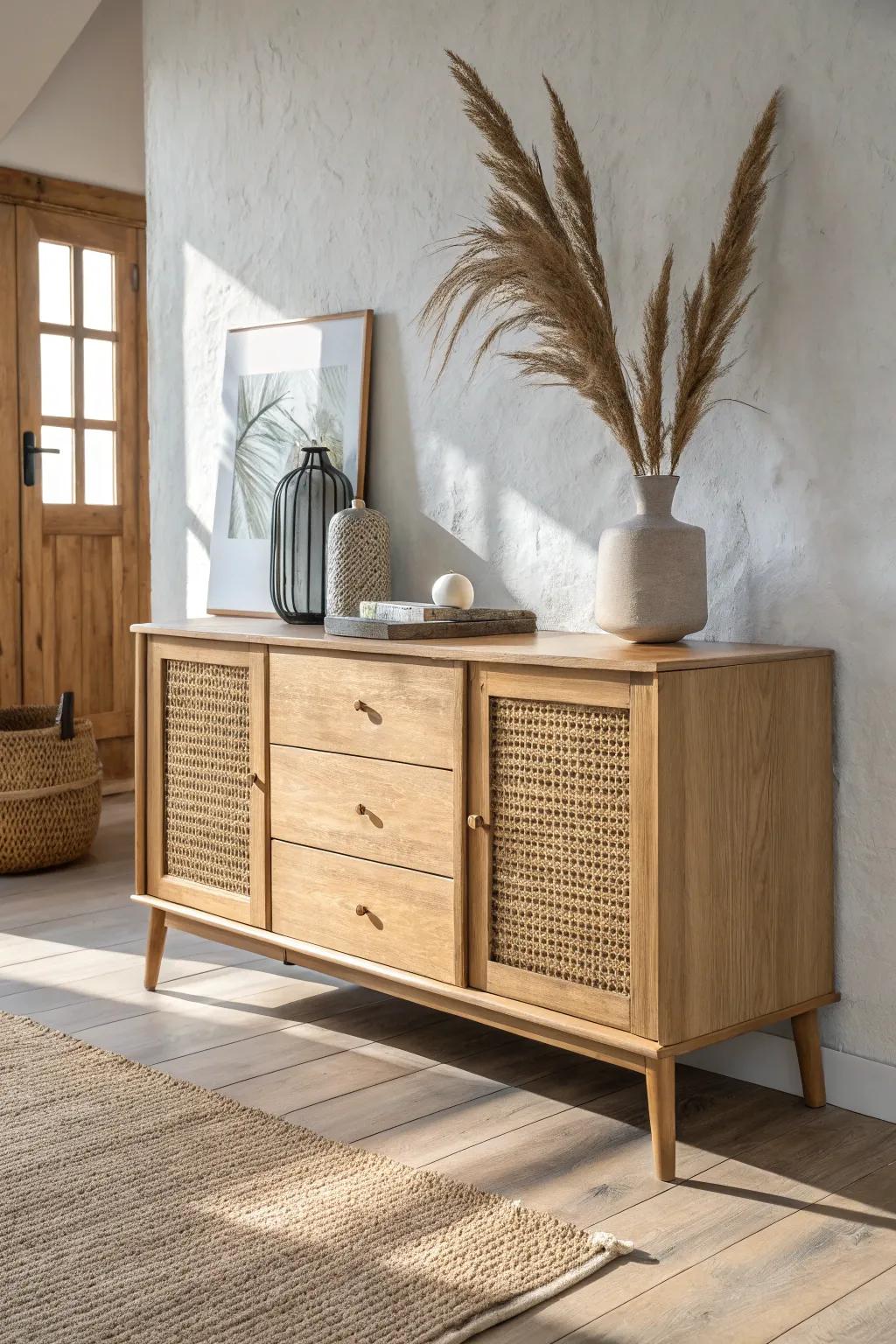 A compact sideboard adds hidden dining storage—style the top, stash linens and serveware.