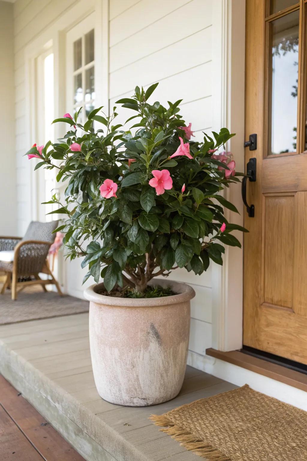 One oversized dipladenia in a simple terra-cotta pot makes the porch feel instantly finished.