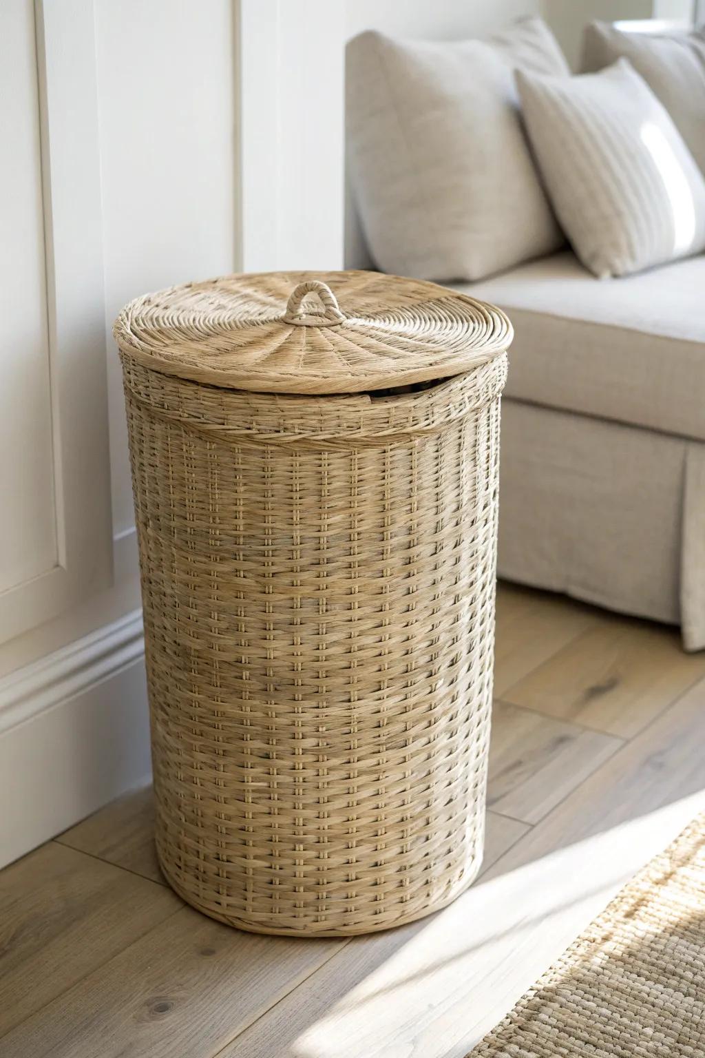 Chic lidded hamper with a flat top—hides laundry and moonlights as a petite side table.