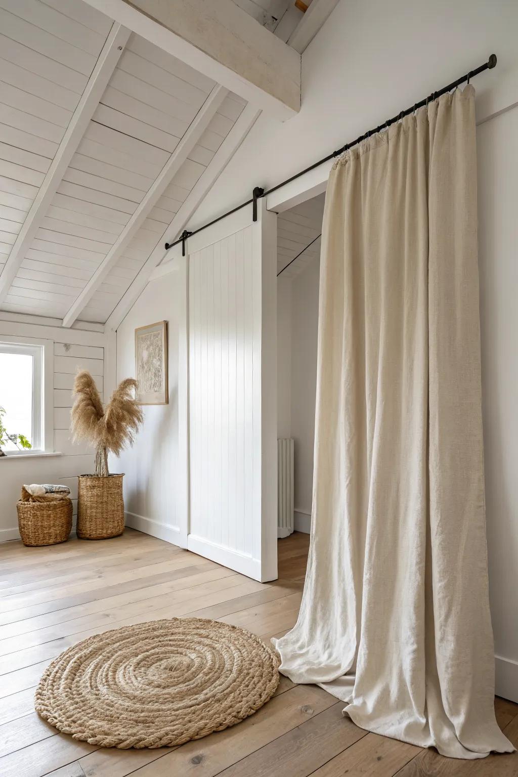 A ceiling-track linen curtain creates instant privacy—then disappears for an open, airy feel.