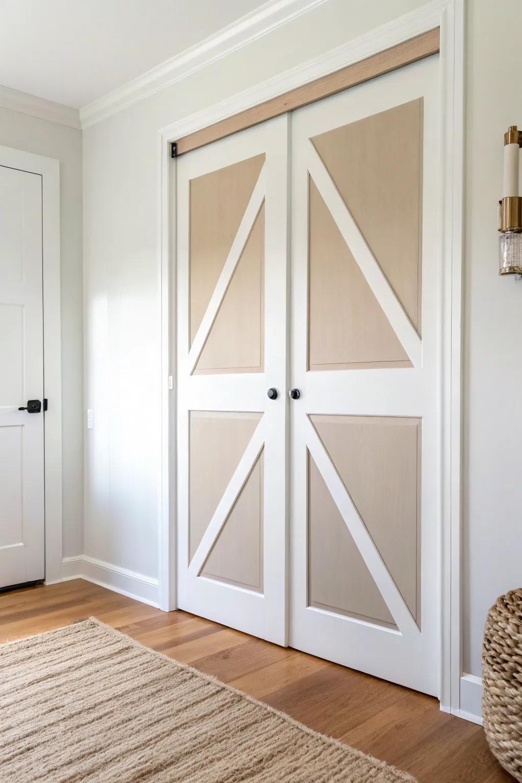 Two-tone paint + crisp trim contrast turns a dated closet door into a custom-looking upgrade.