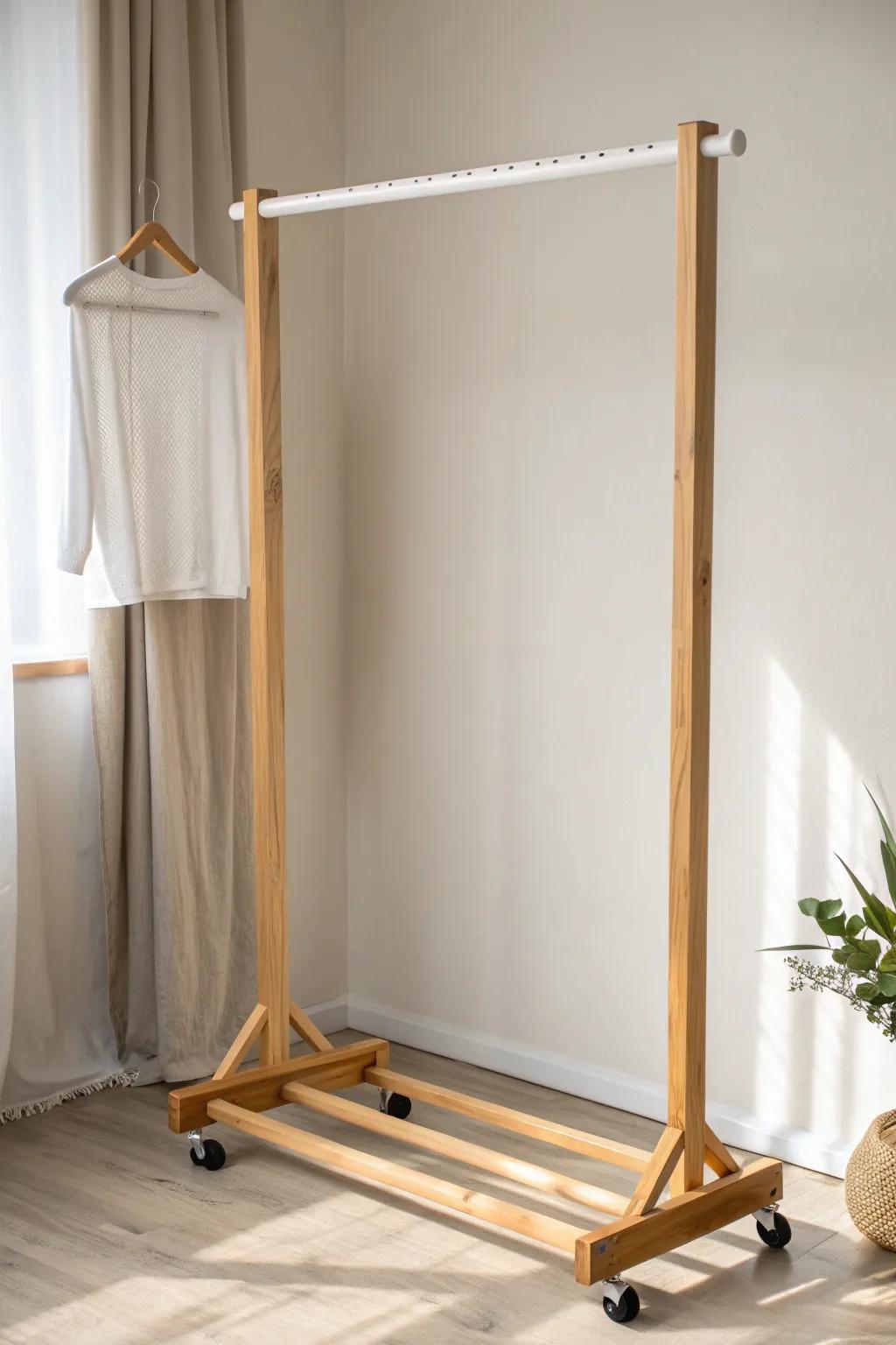 A simple rolling garment rack with locking wheels—small-space style that moves when you do.