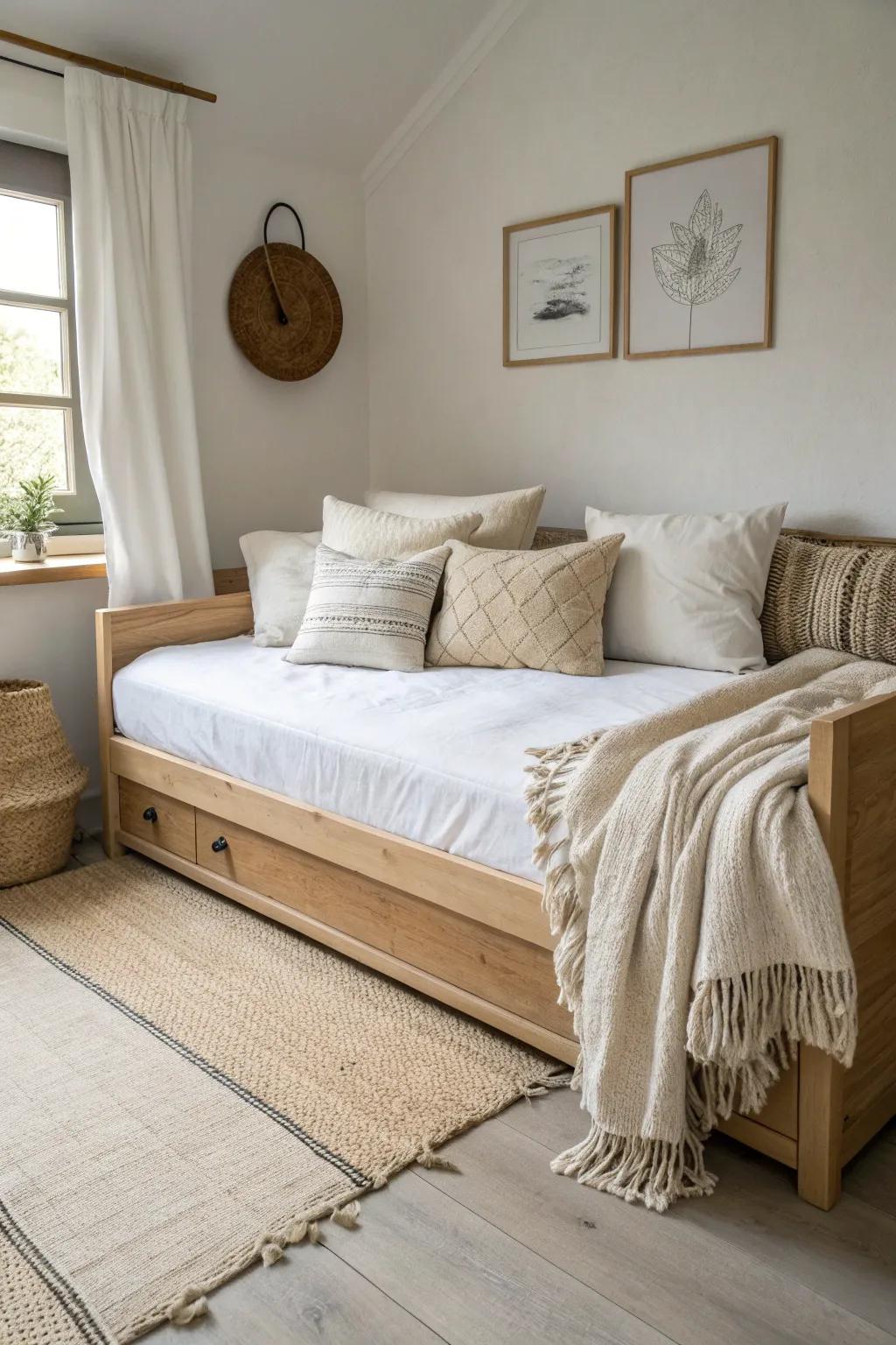 Corner daybed styling: back pillows along the wall and a throw at the foot for lounge vibes.