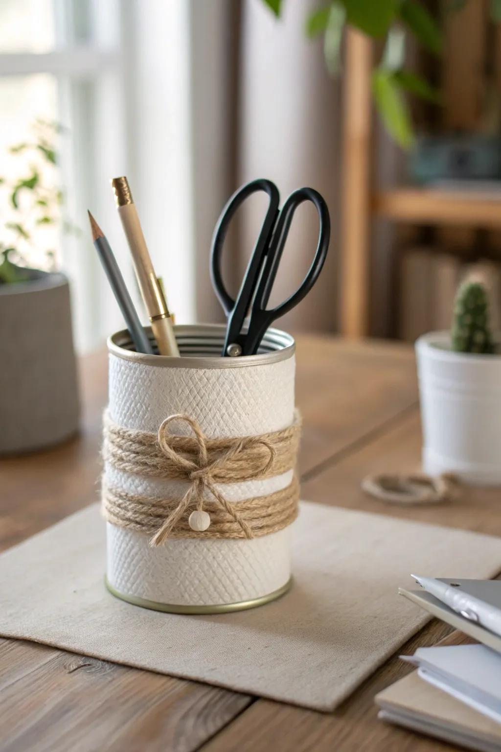 Upcycled tin can pen cup—linen-wrapped, minimal, and pretty for a clutter-free desk.