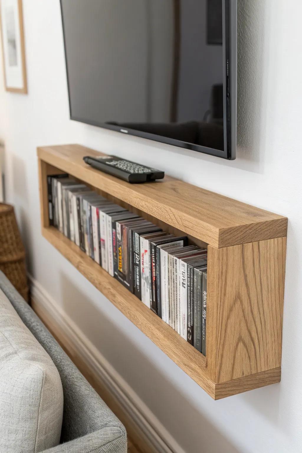 DIY floating shelf turns DVDs into a slim wall library—pretty storage for tiny spaces.
