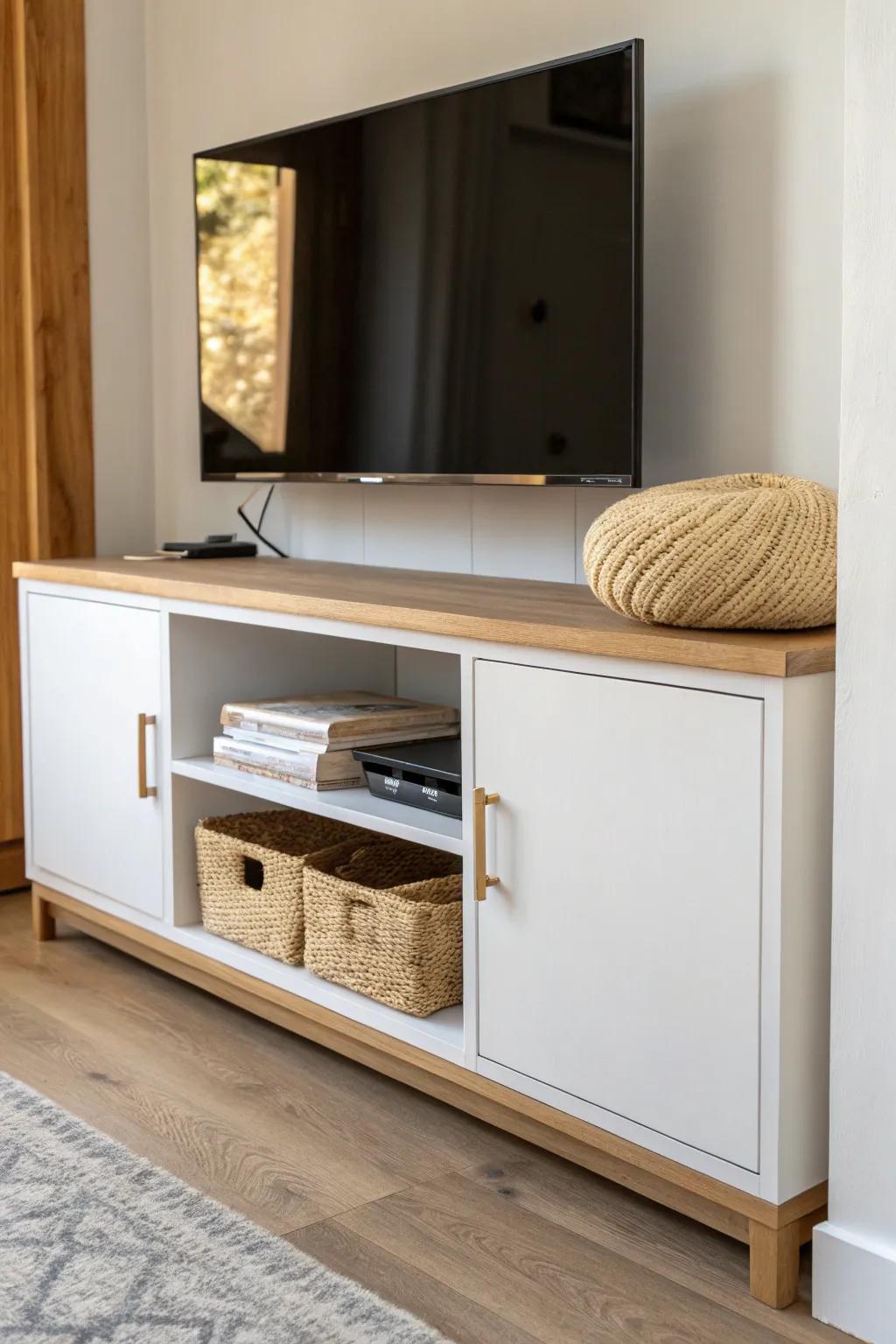 Stock cabinets + a long oak top = a built-in look with hidden storage for small spaces.