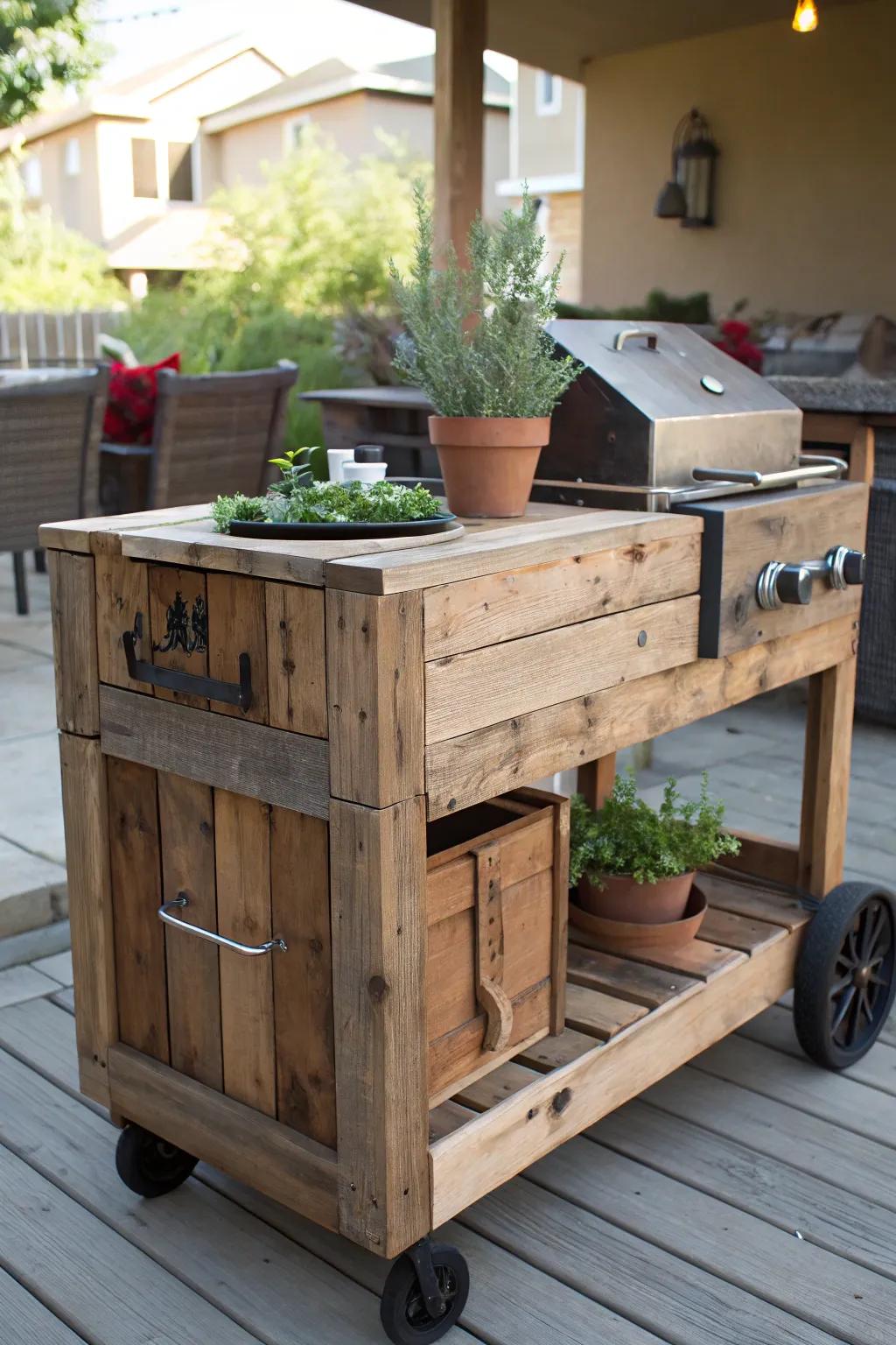 Elevate your outdoor grilling experience with a handcrafted rustic wooden cart, the perfect blend of style and functionality!