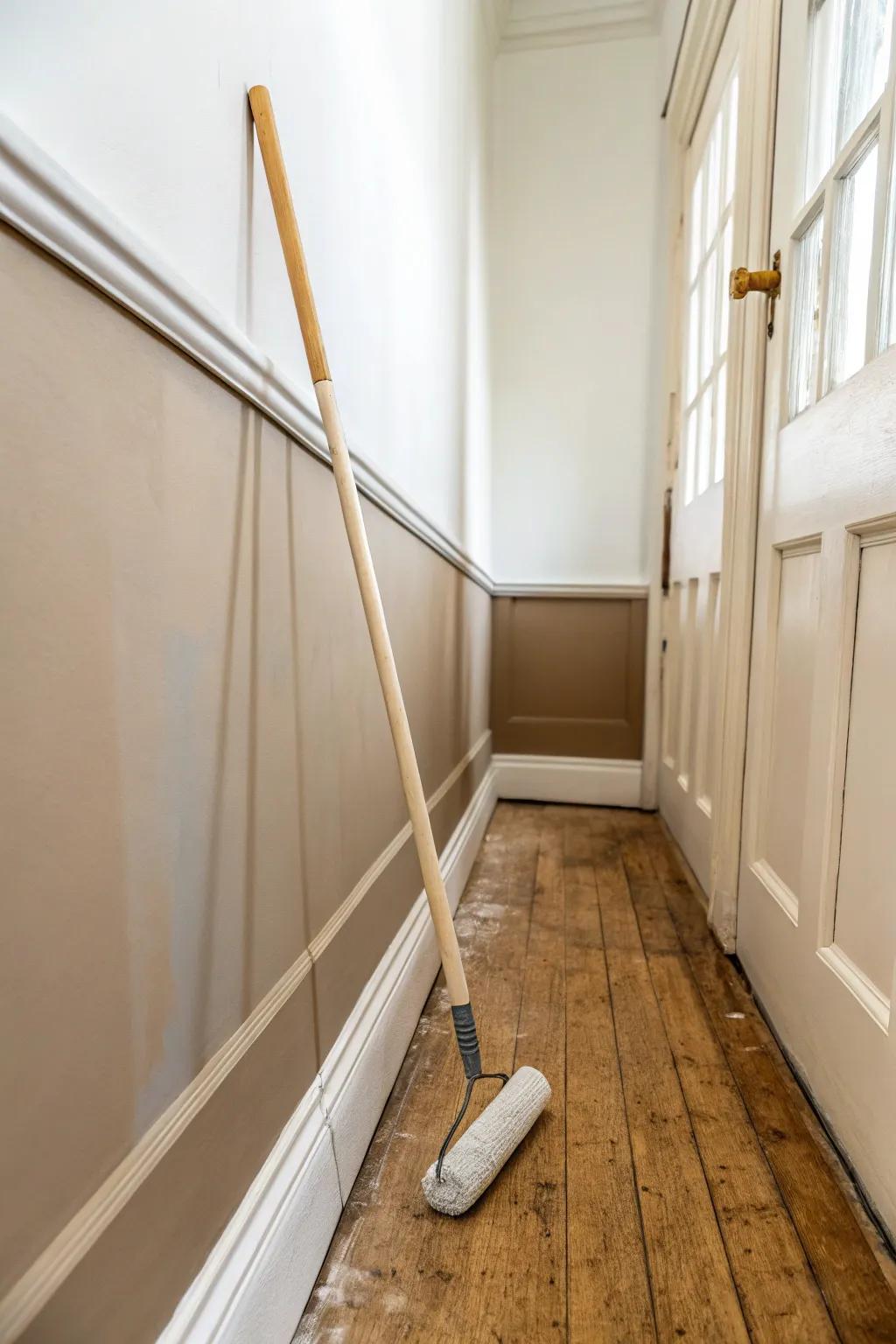 A crisp two-tone wall makes a tiny hallway feel taller—simple, chic, and scuff-proof.