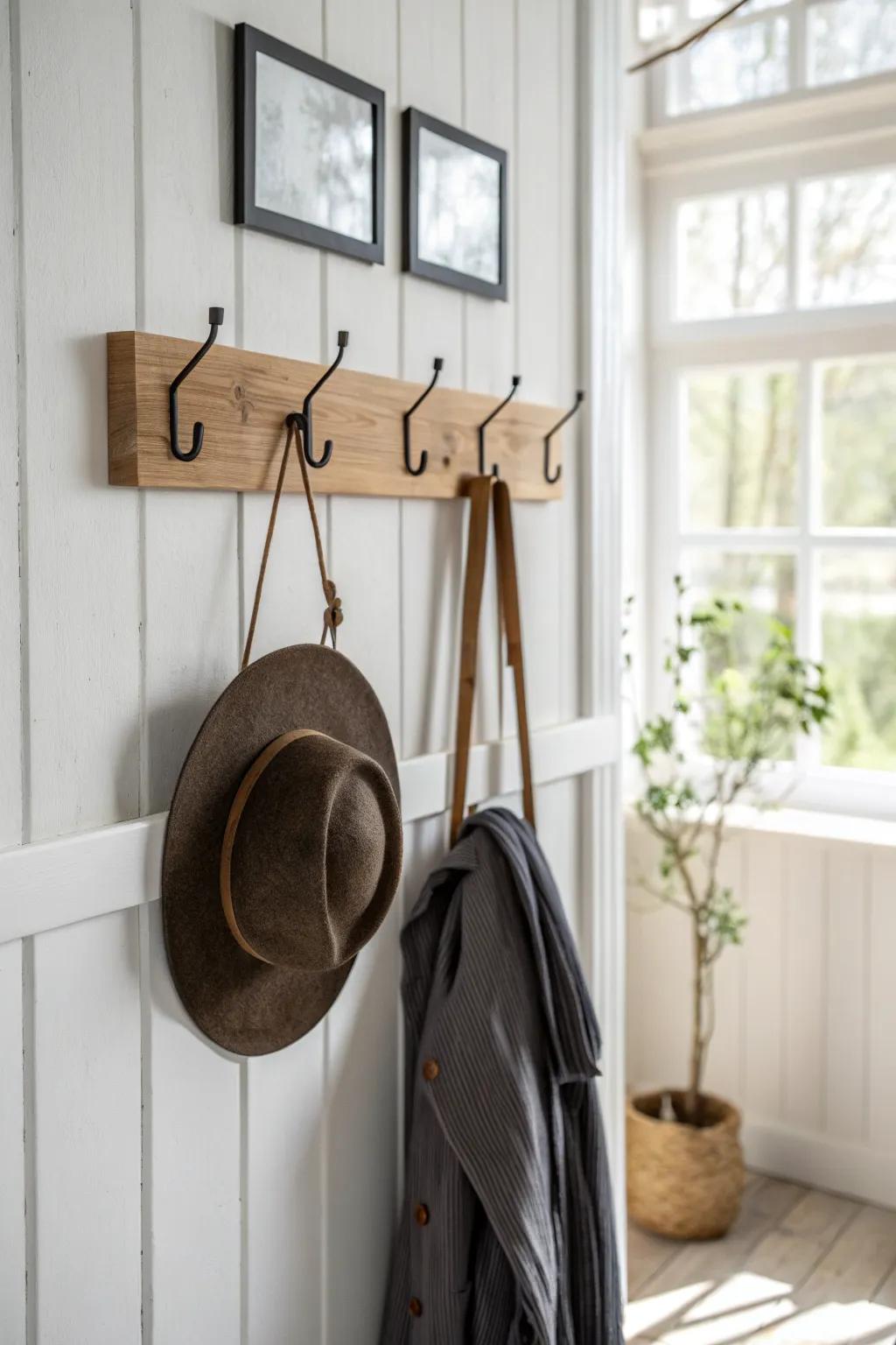 A simple grid of oak hooks makes one statement hat look like intentional hallway decor.