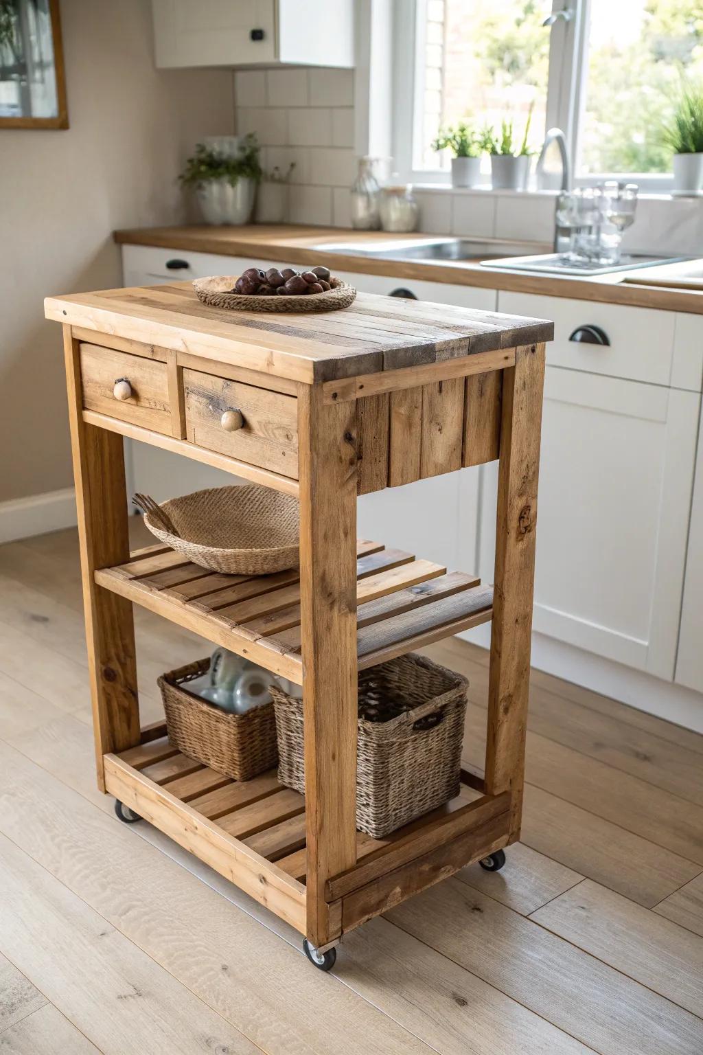 Embrace rustic elegance with a DIY wooden pallet kitchen cart, adding warmth and charm to your space.